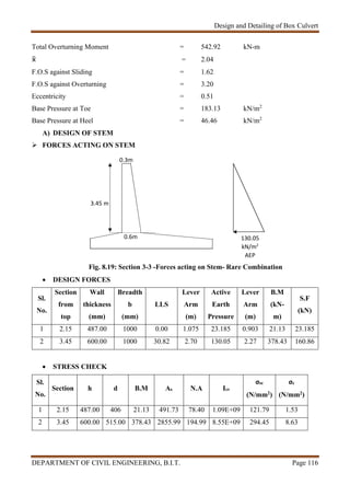 Design and Detailing of Box Culvert
DEPARTMENT OF CIVIL ENGINEERING, B.I.T. Page 116
0.3m
Total Overturning Moment = 542.92 kN-m
 = 2.04
F.O.S against Sliding = 1.62
F.O.S against Overturning = 3.20
Eccentricity = 0.51
Base Pressure at Toe = 183.13 kN/m2
Base Pressure at Heel = 46.46 kN/m2
A) DESIGN OF STEM
 FORCES ACTING ON STEM
Fig. 8.19: Section 3-3 -Forces acting on Stem- Rare Combination
 DESIGN FORCES
Sl.
No.
Section
from
top
Wall
thickness
(mm)
Breadth
b
(mm)
LLS
Lever
Arm
(m)
Active
Earth
Pressure
Lever
Arm
(m)
B.M
(kN-
m)
S.F
(kN)
1 2.15 487.00 1000 0.00 1.075 23.185 0.903 21.13 23.185
2 3.45 600.00 1000 30.82 2.70 130.05 2.27 378.43 160.86
 STRESS CHECK
Sl.
No.
Section h d B.M As N.A Icr
σsc
(N/mm2)
σc
(N/mm2)
1 2.15 487.00 406 21.13 491.73 78.40 1.09E+09 121.79 1.53
2 3.45 600.00 515.00 378.43 2855.99 194.99 8.55E+09 294.45 8.63
130.05
kN/m2
AEP
0.6m
3.45 m
 