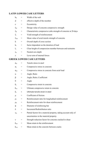LATIN LOWER CASE LETTERS
bw = Width of the web
d = effective depth of the member
e = Eccentricity
fcd = Design value of concrete compressive strength
fck = Characteristic compressive cube strength of concrete at 28 days
fy = Yield strength of reinforcement
fctm = Mean value of axial tensile strength of concrete
h = Overall depth of cross section
kt = factor dependent on the duration of load
lo = Clear height of compression member between end restraints
xu = Neutral axis depth
z = Lever arm of internal forces
GREEK LOWER CASE LETTERS
σsc = Tensile stress in steel
σc = Compressive stress in concrete
σcp = Compressive stress in concrete from axial load
α = Angle; Ratio
β = Angle; Ratio; Coefficient
θ = Angle
Ꜫc = Compressive strain in concrete
Ꜫcu = Ultimate compressive strain in concrete
Ꜫs = Ultimate tensile strain in steel
μ = Coefficient of friction
ρ1 = Reinforcement ratio for longitudinal reinforcement
ρw = Reinforcement ratio for shear reinforcement
ϕ = Diameter of reinforcing bar
δ = Increment/Redistribution ratio
γm = Partial factors for a material property, taking account only of
uncertainties in the material property
ν = Strength reduction factor for concrete cracked in shear
Ꜫsm = Mean strain in the reinforcement
Ꜫcm = Mean strain in the concrete between cracks
 
