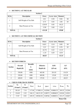Design and Detailing of Box Culvert
DEPARTMENT OF CIVIL ENGINEERING, B.I.T. Page 122
 SECTION 2: AT TOE SLAB
Section 2
Sl.No Description Force Lever Arm Moment
1 Self-Weight of Toe Slab
2.81 0.30 0.84 S4
6.75 0.45 3.04 S5
2 Base Pressure on Toe
-124.95 0.45 -56.23
-5.90 0.60 -3.54
TOTAL -121.28 -55.88
 SECTION 3: AT TOE CRITICAL SECTION
Section 3
Sl.No Description Force Lever Arm Moment
1 Self-Weight of Toe Slab
0.651 0.14 0.09 S4
3.23 0.22 0.70 S5
2 Base Pressure on Toe
-62.78 0.22 -13.53
-1.35 0.29 -0.39
TOTAL -60.25 -13.13
 SECTION FORCES
Section
Overall
Depth (D)
Breadth
b
(mm)
Effective
Depth (d)
B.M
(kN-m)
S.F
(kN)
1 550.00 1000 465.00 281.03 116.28
2 550.00 1000 469.00 -55.88 -121.28
3 420.83 1000 175.92 -13.13 -60.25
 CHECK FOR CRACK WIDTH
Section
σsc
(N/mm2)
σc
(N/mm2)
hc eff Ac eff ρp eff ϵs-ϵm Sr max Wk
1 201.65 7.14 117.60 117600.14 0.02968 0.0006132 369.55 0.2266
2 154.49 2.32 146.13 146131.92 0.00573 0.0004635 610.84 0.2831
3 17.07 0.92 109.35 109348.30 0.00766 0.0000512 521.27 0.0267
Hence O.K
 