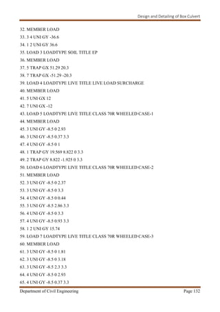 Design and Detailing of Box Culvert
Department of Civil Engineering Page 132
32. MEMBER LOAD
33. 3 4 UNI GY -36.6
34. 1 2 UNI GY 36.6
35. LOAD 3 LOADTYPE SOIL TITLE EP
36. MEMBER LOAD
37. 5 TRAP GX 51.29 20.3
38. 7 TRAP GX -51.29 -20.3
39. LOAD 4 LOADTYPE LIVE TITLE LIVE LOAD SURCHARGE
40. MEMBER LOAD
41. 5 UNI GX 12
42. 7 UNI GX -12
43. LOAD 5 LOADTYPE LIVE TITLE CLASS 70R WHEELED CASE-1
44. MEMBER LOAD
45. 3 UNI GY -8.5 0 2.93
46. 3 UNI GY -8.5 0.37 3.3
47. 4 UNI GY -8.5 0 1
48. 1 TRAP GY 19.569 8.822 0 3.3
49. 2 TRAP GY 8.822 -1.925 0 3.3
50. LOAD 6 LOADTYPE LIVE TITLE CLASS 70R WHEELED CASE-2
51. MEMBER LOAD
52. 3 UNI GY -8.5 0 2.37
53. 3 UNI GY -8.5 0 3.3
54. 4 UNI GY -8.5 0 0.44
55. 3 UNI GY -8.5 2.86 3.3
56. 4 UNI GY -8.5 0 3.3
57. 4 UNI GY -8.5 0.93 3.3
58. 1 2 UNI GY 15.74
59. LOAD 7 LOADTYPE LIVE TITLE CLASS 70R WHEELED CASE-3
60. MEMBER LOAD
61. 3 UNI GY -8.5 0 1.81
62. 3 UNI GY -8.5 0 3.18
63. 3 UNI GY -8.5 2.3 3.3
64. 4 UNI GY -8.5 0 2.93
65. 4 UNI GY -8.5 0.37 3.3
 