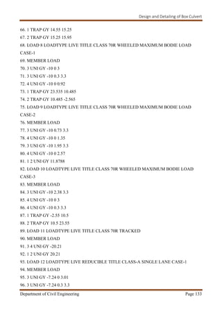 Design and Detailing of Box Culvert
Department of Civil Engineering Page 133
66. 1 TRAP GY 14.55 15.25
67. 2 TRAP GY 15.25 15.95
68. LOAD 8 LOADTYPE LIVE TITLE CLASS 70R WHEELED MAXIMUM BODIE LOAD
CASE-1
69. MEMBER LOAD
70. 3 UNI GY -10 0 3
71. 3 UNI GY -10 0.3 3.3
72. 4 UNI GY -10 0 0.92
73. 1 TRAP GY 23.535 10.485
74. 2 TRAP GY 10.485 -2.565
75. LOAD 9 LOADTYPE LIVE TITLE CLASS 70R WHEELED MAXIMUM BODIE LOAD
CASE-2
76. MEMBER LOAD
77. 3 UNI GY -10 0.73 3.3
78. 4 UNI GY -10 0 1.35
79. 3 UNI GY -10 1.95 3.3
80. 4 UNI GY -10 0 2.57
81. 1 2 UNI GY 11.8788
82. LOAD 10 LOADTYPE LIVE TITLE CLASS 70R WHEELED MAXIMUM BODIE LOAD
CASE-3
83. MEMBER LOAD
84. 3 UNI GY -10 2.38 3.3
85. 4 UNI GY -10 0 3
86. 4 UNI GY -10 0.3 3.3
87. 1 TRAP GY -2.55 10.5
88. 2 TRAP GY 10.5 23.55
89. LOAD 11 LOADTYPE LIVE TITLE CLASS 70R TRACKED
90. MEMBER LOAD
91. 3 4 UNI GY -20.21
92. 1 2 UNI GY 20.21
93. LOAD 12 LOADTYPE LIVE REDUCIBLE TITLE CLASS-A SINGLE LANE CASE-1
94. MEMBER LOAD
95. 3 UNI GY -7.24 0 3.01
96. 3 UNI GY -7.24 0.3 3.3
 