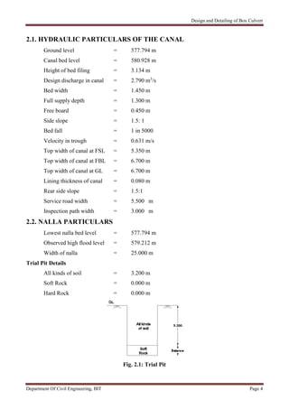 Design and Detailing of Box Culvert
Department Of Civil Engineering, BIT Page 4
2.1. HYDRAULIC PARTICULARS OF THE CANAL
Ground level = 577.794 m
Canal bed level = 580.928 m
Height of bed filing = 3.134 m
Design discharge in canal = 2.790 m3
/s
Bed width = 1.450 m
Full supply depth = 1.300 m
Free board = 0.450 m
Side slope = 1.5: 1
Bed fall = 1 in 5000
Velocity in trough = 0.631 m/s
Top width of canal at FSL = 5.350 m
Top width of canal at FBL = 6.700 m
Top width of canal at GL = 6.700 m
Lining thickness of canal = 0.080 m
Rear side slope = 1.5:1
Service road width = 5.500 m
Inspection path width = 3.000 m
2.2. NALLA PARTICULARS
Lowest nalla bed level = 577.794 m
Observed high flood level = 579.212 m
Width of nalla = 25.000 m
Trial Pit Details
All kinds of soil = 3.200 m
Soft Rock = 0.000 m
Hard Rock = 0.000 m
Fig. 2.1: Trial Pit
 