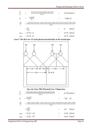 Design and Detailing of Box Culvert
Department Of Civil Engineering, BIT Page 24
P
A
=
2×8.5×3.3+2×8.5×0.44+2×8.5×2.37
6.6×1
= 15.738 kN/m2
Z =
× .
= 7.260 m3
Pe
z
=
(8.5×2.37×2.115) – (8.5×3.74×1.43) + (8.5×2.37×2.115) + (8.5×3.74×1.43)
7.26
=
0
7.26
= 0 kN/m2
σmax = 15.74 + 0 = 15.74 kN/m2
σmin = 15.74 – 0 = 15.74 kN/m2
Case 3: The first two 17t axels placed concentrically on the second span
Fig. 4.8: Class 70R (Wheeled) Case 3 Dispersion
P
A
=
. × . . × . . × . . × .
6.6×1
= 15.738 kN/m2
Z =
× .
= 7.26 m3
Pe
z
=
(8.5×1.81×2.395) – (8.5×3.18×1.71) + (8.5×3.92×0.97) + (8.5×2.93×1.835)
7.26
=
-5.05
7.26
= -0.7 kN/m2
σmax = 15.25 + 0.7 = 15.95 kN/m2
σmin = 15.25 – 0.7 = 14.55 kN/m2
 
