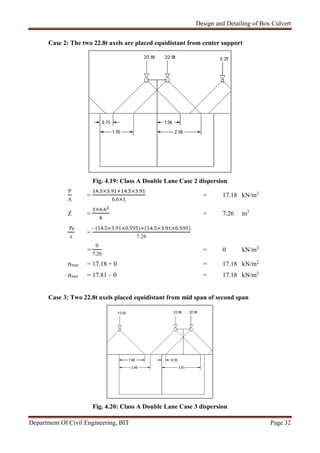 Design and Detailing of Box Culvert
Department Of Civil Engineering, BIT Page 32
Case 2: The two 22.8t axels are placed equidistant from center support
Fig. 4.19: Class A Double Lane Case 2 dispersion
P
A
=
. × . . × .
6.6×1
= 17.18 kN/m2
Z =
× .
= 7.26 m3
Pe
z
=
- (14.5×3.91×0.595) ( . × . × . )
7.26
=
0
7.26
= 0 kN/m2
σmax = 17.18 + 0 = 17.18 kN/m2
σmin = 17.81 – 0 = 17.18 kN/m2
Case 3: Two 22.8t axels placed equidistant from mid span of second span
Fig. 4.20: Class A Double Lane Case 3 dispersion
 