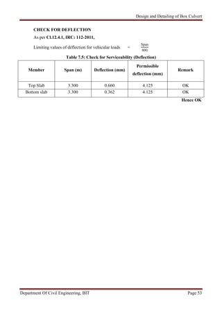 Design and Detailing of Box Culvert
Department Of Civil Engineering, BIT Page 53
CHECK FOR DEFLECTION
As per Cl.12.4.1, IRC: 112-2011,
Limiting values of deflection for vehicular loads =
Span
800
Table 7.5: Check for Serviceability (Deflection)
Member Span (m) Deflection (mm)
Permissible
deflection (mm)
Remark
Top Slab 3.300 0.660 4.125 OK
Bottom slab 3.300 0.362 4.125 OK
Hence OK
 