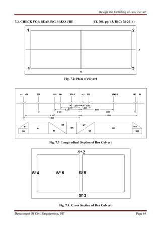 Design and Detailing of Box Culvert
Department Of Civil Engineering, BIT Page 64
7.3. CHECK FOR BEARING PRESSURE (Cl. 706, pg. 15, IRC: 78-2014)
Fig. 7.2: Plan of culvert
Fig. 7.3: Longitudinal Section of Box Culvert
Fig. 7.4: Cross Section of Box Culvert
X
Y
 