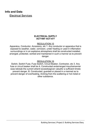 Info and Data
ELECTRICAL SUPPLY
ACT1997 ACT-477
REGULATION 15
Apparatus, Conductor, Accessory, etc 1. Any conductor or apparatus that is
exposed to weather, water, corrosion, under heating or used in inflamation
surroundings or in an explosive atmosphere shall be constructed installed,
arranged, protected, worked and maintained in such a manner as to prevent
danger.
REGULATION 16
Switch, Switch Fuse, Fuse Switch, Circuit Beaker, Contractor, etc 3. Any
fuse or circuit beaker shall be A. Constructed andarranged insuchamanner
soas tobreak the current whenit exceedsagiven valuefor a sufficient timeto
prevent danger. B. Constructed, guarded or placed in a manned as to
prevent danger of overheating. Arching from the scattering or hot metal or
other substance.
Electrical Services
Building Services | Project 2: Building Services Diary
 