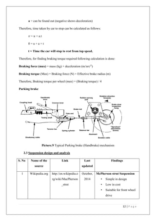 12 | P a g e
a = can be found out (negative shows deceleration)
Therefore, time taken by car to stop can be calculated as follows:
𝑣 = 𝑢 + a.t
0 = u + a × t
t = Time the car will stop to rest from top speed.
Therefore, for finding braking torque required following calculation is done:
Braking force (max) = mass (kg) × deceleration (m/𝑠𝑒𝑐2
)
Braking torque (Max) = Braking force (N) × Effective brake radius (m)
Therefore, Braking torque per wheel (max) = (Braking torque) / 4
Parking brake
Picture.9 Typical Parking brake (Handbrake) mechanism
2.3 Suspension design and analysis
S. No Name of the
source
Link Last
updated
Findings
1 Wikipedia.org http://en.wikipedia.o
rg/wiki/MacPherson
_strut
October,
2014
McPherson strut Suspension
• Simple in design
• Low in cost
• Suitable for front wheel
drive
 