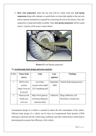 14 | P a g e
2. Rear Axle suspension: Since the rear axle will be a dead, solid axle, leaf spring
suspension along with a damper is a good choice as it provides rigidity to the rear axle
and no separate mechanism is required for connecting the axle to the chassis. Also, this
suspension is cheap and readily available. Thus, leaf spring suspension will be a good
choice. A picture of the same is shown below.
Picture.11 Leaf Spring suspension
2.4 Aerodynamic body design and stress analysis:
S. No Name of the
source
Link Last
updated
Findings
1 BETA CAE
systems
(http://www.be
ta-cae.gr/)
www.beta-
cae.gr/events/c3pdf/
232-3-peddiraju.pdf
September
, 2009
Vehicle body design process
2 Gmecca.com
(build your
own car)
http://www.gmecca.
com/byorc/dtipsaero
dynamics.html
Unknown Drag coefficient, Lift,
Downforce, Frontal area
Aerodynamic design of a vehicle is essential to reduce the fuel consumption of the vehicle.
Efficient body design of a vehicle can be done by Computational fluid dynamic (CFD)
techniques which provide the vehicle drag coefficient and other related factors which help in
determining the accurate fuel efficiency of the vehicle.
 