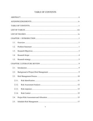 v
TABLE OF CONTENTS
ABSTRACT...............................................................................................................................ii
ACKNOWLEDGEMENTS......................................................................................................iv
TABLE OF CONTENTS...........................................................................................................v
LIST OF TABLES..................................................................................................................viii
LIST OF FIGURES ..................................................................................................................ix
CHAPTER 1 INTRODUCTION ..............................................................................................1
1.1. Overview.....................................................................................................................1
1.2. Problem Statement ......................................................................................................1
1.3. Research Objectives ....................................................................................................3
1.4. Research Scope ...........................................................................................................4
1.5. Research strategy.........................................................................................................5
CHAPTER 2 LITERATURE REVIEW ....................................................................................9
2.1. Introduction.................................................................................................................9
2.2. Background of Project Risk Management ..................................................................9
2.3. Risk Management Process ........................................................................................10
2.3.1. Risk Identification..............................................................................................11
2.3.2. Risk Assessment/Analysis .................................................................................12
2.3.3. Risk responses....................................................................................................13
2.3.4. Risk Control.......................................................................................................15
2.4. Project Risk Assessment and Allocation...................................................................15
2.5. Schedule Risk Management......................................................................................17
 
