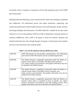 40
consistently while its inception in cooperation with the data preparation goals of the CRISP
data mining model.
Building Information Modeling is a term coined in the 90’s which is the intelligent, coordinated
and collaborative 3D model-based process that equips architecture, engineering, and
construction professionals with the insight and tools to more efficiently plan, design, construct,
and manage buildings and infrastructure. The BIM model has a standard for the data stored,
referred to as Level of Development (LOD) (see Table 2) federated by American Institute of
Architects (BIMForum, 2016). LOD is the degree to which the element’s geometry and
attached information have been thought through- the degree to which project team members
may rely on the information when using the model.
Table 2. Level of Development Schema (BIMForum, 2016)
LOD 100 LOD 100 elements are not geometric representations. Any information
derived from LOD 100 elements must be considered approximate.
LOD 200 The Model Element is graphically represented within the Model as a
generic system, object, or assembly with approximate quantities,
size, shape, location, and orientation. Non-graphic information may also
be attached to the Model Element.
LOD 300 The Model Element is graphically represented within the Model as a
specific system, object or assembly in terms of quantity, size,
shape, location, and orientation. Non-graphic information may also be
attached to the Model Element.
LOD 350 The Model Element is graphically represented within the Model as a
specific system, object, or assembly in terms of quantity, size, shape,
location, orientation, and interfaces with other building systems. Non-
graphic information may also be attached to the Model Element.
 