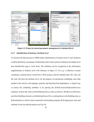 42
4.1.1 Identification of Instance-Attribute level
To structure the data present in a BIM model, identification of instance level is vital. Instances
could be defined by a grouping of related data items such as point coordinates into higher level
task identification tags or work items. The attributes can be recognized as the information
supplementary to Instance level with reference to figure 13. For e.g. a collection of point
coordinates, material layers would form a Wall instance and the schedule data, IFC class, for
the wall will form the attribute level. For the purpose of construction scheduling, most data
needed is the activity work package, quantity and hierarchy/inter-dependency. A logical way
to extract the scheduling attributes is by parsing the IfcRelContainedInSpatialStructure
container. It stores the walls as IfcWallStandardCase, Door as IfcDoor, Window as IfcWindow
and other Building elements as IfcBuildingElementProxy relating them to the Building story as
IfcBuildingStorey which is then connected to the building using the IfcRelAggregates class and
similarly to the site and the project (see Fig 14).
Figure 13. Project & shared parameter management in Autodesk Revit
 
