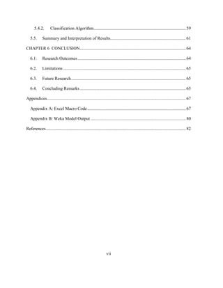 vii
5.4.2. Classification Algorithm....................................................................................59
5.5. Summary and Interpretation of Results.....................................................................61
CHAPTER 6 CONCLUSION.................................................................................................64
6.1. Research Outcomes...................................................................................................64
6.2. Limitations ................................................................................................................65
6.3. Future Research.........................................................................................................65
6.4. Concluding Remarks.................................................................................................65
Appendices...............................................................................................................................67
Appendix A: Excel Macro Code..........................................................................................67
Appendix B: Weka Model Output .......................................................................................80
References................................................................................................................................82
 