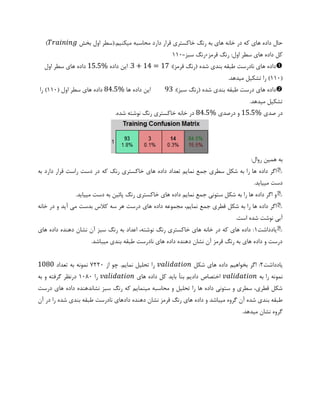 ‫بخش‬ ‫اول‬ ‫میکنیم.(سطر‬ ‫محاسبه‬ ‫دارد‬ ‫قرار‬ ‫خاکستری‬ ‫رنگ‬ ‫به‬ ‫های‬ ‫خانه‬ ‫در‬ ‫که‬ ‫های‬ ‫داده‬ ‫حال‬𝑇𝑟𝑎𝑖𝑛𝑖𝑛𝑔)
=‫سبز‬ ‫قرمز+رنگ‬ ‫رنگ‬ :‫اول‬ ‫سطر‬ ‫های‬ ‫داده‬ ‫کل‬117
:)‫قرمز‬ ‫(رنگ‬ ‫شده‬ ‫بندی‬ ‫طبقه‬ ‫نادرست‬ ‫های‬ ‫داده‬3 + 14 = 17‫داده‬ ‫این‬ .15.5%‫اول‬ ‫سطر‬ ‫های‬ ‫داده‬
(117.‫میدهد‬ ‫تشکیل‬ ‫را‬ )
:)‫سبز‬ ‫(رنگ‬ ‫شده‬ ‫بندی‬ ‫طبقه‬ ‫درست‬ ‫های‬ ‫داده‬93‫ها‬ ‫داده‬ ‫این‬84.5%( ‫اول‬ ‫سطر‬ ‫های‬ ‫داده‬117‫را‬ )
.‫میدهد‬ ‫تشکیل‬
‫صدی‬ ‫در‬15.5%‫درصدی‬ ‫و‬84.5%.‫شده‬ ‫نوشته‬ ‫رنگ‬ ‫خاکستری‬ ‫خانه‬ ‫در‬
:‫روال‬ ‫همین‬ ‫به‬
‫به‬ ‫دارد‬ ‫قرار‬ ‫راست‬ ‫دست‬ ‫در‬ ‫که‬ ‫رنک‬ ‫خاکستری‬ ‫های‬ ‫داده‬ ‫تعداد‬ ‫نمایم‬ ‫جمع‬ ‫سطری‬ ‫شکل‬ ‫به‬ ‫را‬ ‫ها‬ ‫داده‬ ‫اگر‬
.‫مییاید‬ ‫دست‬
.‫مییاید‬ ‫دست‬ ‫به‬ ‫پائین‬ ‫رنگ‬ ‫خاکستری‬ ‫های‬ ‫داده‬ ‫نمایم‬ ‫جمع‬ ‫ستونی‬ ‫شکل‬ ‫به‬ ‫را‬ ‫ها‬ ‫داده‬ ‫اگر‬ ‫و‬
‫ک‬ ‫سه‬ ‫هر‬ ‫درست‬ ‫های‬ ‫داده‬ ‫مجموعه‬ ،‫نمایم‬ ‫جمع‬ ‫قطری‬ ‫شکل‬ ‫به‬ ‫را‬ ‫ها‬ ‫داده‬ ‫اگر‬‫خانه‬ ‫در‬ ‫و‬ ‫آید‬ ‫می‬ ‫بدست‬ ‫الس‬
.‫است‬ ‫شده‬ ‫نوشت‬ ‫آبی‬
‫یادداشت‬1‫های‬ ‫داده‬ ‫دهنده‬ ‫نشان‬ ‫آن‬ ‫سبز‬ ‫رنگ‬ ‫به‬ ‫اعداد‬ ،‫نوشته‬ ‫رنگ‬ ‫خاکستری‬ ‫های‬ ‫خانه‬ ‫در‬ ‫که‬ ‫های‬ ‫داده‬ :
.‫میباشد‬ ‫بندی‬ ‫طبقه‬ ‫نادرست‬ ‫های‬ ‫داده‬ ‫دهنده‬ ‫نشان‬ ‫آن‬ ‫قرمز‬ ‫رنگ‬ ‫به‬ ‫های‬ ‫داده‬ ‫و‬ ‫درست‬
‫یادداشت‬2‫شکل‬ ‫های‬ ‫داده‬ ‫بخواهیم‬ ‫اگر‬ :𝑣𝑎𝑙𝑖𝑑𝑎𝑡𝑖𝑜𝑛‫از‬ ‫چو‬ .‫نمایم‬ ‫تحلیل‬ ‫را‬0227‫تعداد‬ ‫به‬ ‫نمونه‬1080
‫به‬ ‫را‬ ‫نمونه‬𝑣𝑎𝑙𝑖𝑑𝑎𝑡𝑖𝑜𝑛‫های‬ ‫داده‬ ‫کل‬ ‫باید‬ ‫بنآ‬ ‫دادیم‬ ‫اختصاص‬𝑣𝑎𝑙𝑖𝑑𝑎𝑡𝑖𝑜𝑛‫را‬1707‫به‬ ‫و‬ ‫گرفته‬ ‫درنظر‬
‫داد‬ ‫نشاندهنده‬ ‫سبز‬ ‫رنگ‬ ‫که‬ ‫مینمایم‬ ‫محاسبه‬ ‫و‬ ‫تحلیل‬ ‫را‬ ‫ها‬ ‫داده‬ ‫ستونی‬ ‫و‬ ‫سطری‬ ،‫قطری‬ ‫شکل‬‫درست‬ ‫های‬ ‫ه‬
‫آن‬ ‫در‬ ‫را‬ ‫شده‬ ‫بندی‬ ‫طبقه‬ ‫نادرست‬ ‫دادهای‬ ‫دهنده‬ ‫نشان‬ ‫قرمز‬ ‫رنگ‬ ‫های‬ ‫داده‬ ‫و‬ ‫میباشد‬ ‫گروه‬ ‫آن‬ ‫شده‬ ‫بندی‬ ‫طبقه‬
.‫میدهد‬ ‫نشان‬ ‫گروه‬
 