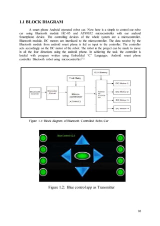 10
1.1 BLOCK DIAGRAM
A smart phone Android operated robot car. Now here is a simple to control our robo
car using Bluetooth module HC-05 and AT89S52 microcontroller with our android
Smartphone device. The controlling devices of the whole system are a microcontroller.
Bluetooth module, DC motors are interfaced to the microcontroller. The data receive by the
Bluetooth module from android smart phone is fed as input to the controller. The controller
acts accordingly on the DC motor of the robot. The robot in the project can be made to move
in all the four directions using the android phone. In achieving the task the controller is
loaded with program written using Embedded ‘C’ Languages. Android smart phone
controller Bluetooth robot using microcontroller.[1]
Figure 1.1: Block diagram of Bluetooth Controlled Robo-Car
Figure 1.2: Blue control app as Transmitter
 