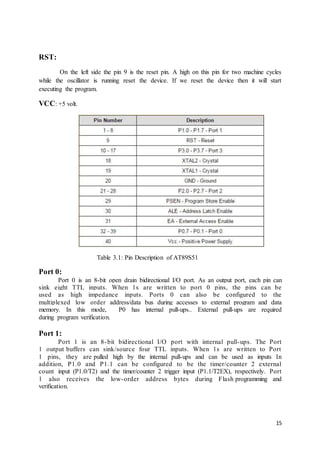 15
RST:
On the left side the pin 9 is the reset pin. A high on this pin for two machine cycles
while the oscillator is running reset the device. If we reset the device then it will start
executing the program.
VCC: +5 volt.
Table 3.1: Pin Description of AT89S51
Port 0:
Port 0 is an 8-bit open drain bidirectional I/O port. As an output port, each pin can
sink eight TTL inputs. When 1s are written to port 0 pins, the pins can be
used as high impedance inputs. Ports 0 can also be configured to the
multiplexed low order address/data bus during accesses to external program and data
memory. In this mode, P0 has internal pull-ups.. External pull-ups are required
during program verification.
Port 1:
Port 1 is an 8-bit bidirectional I/O port with internal pull-ups. The Port
1 output buffers can sink/source four TTL inputs. When 1s are written to Port
1 pins, they are pulled high by the internal pull-ups and can be used as inputs In
addition, P1.0 and P1.1 can be configured to be the timer/counter 2 external
count input (P1.0/T2) and the timer/counter 2 trigger input (P1.1/T2EX), respectively. Port
1 also receives the low-order address bytes during Flash programming and
verification.
 