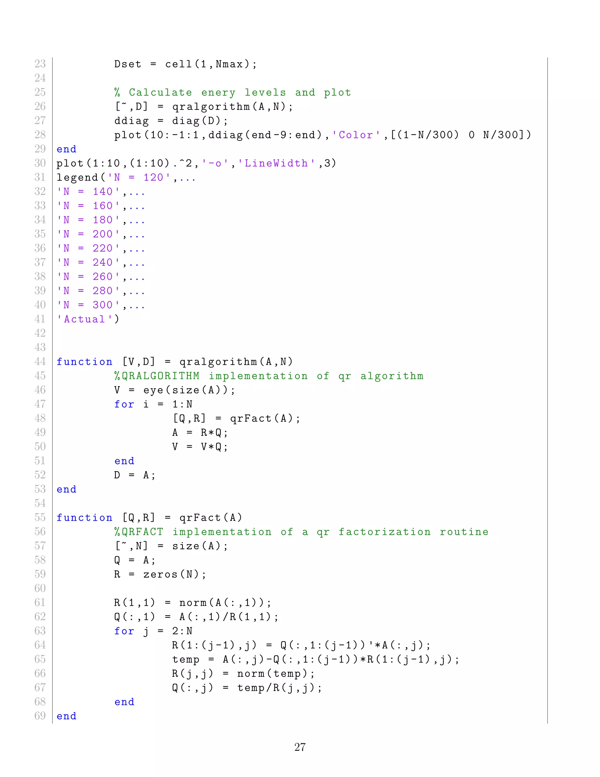 23 Dset = cell(1,Nmax);
24
25 % Calculate enery levels and plot
26 [~,D] = qralgorithm(A,N);
27 ddiag = diag(D);
28 plot (10: -1:1 , ddiag(end -9: end),'Color ' ,[(1-N/300) 0 N/300])
29 end
30 plot (1:10 ,(1:10) .^2,'-o','LineWidth ' ,3)
31 legend('N = 120',...
32 'N = 140',...
33 'N = 160',...
34 'N = 180',...
35 'N = 200',...
36 'N = 220',...
37 'N = 240',...
38 'N = 260',...
39 'N = 280',...
40 'N = 300',...
41 'Actual ')
42
43
44 function [V,D] = qralgorithm(A,N)
45 %QRALGORITHM implementation of qr algorithm
46 V = eye(size(A));
47 for i = 1:N
48 [Q,R] = qrFact(A);
49 A = R*Q;
50 V = V*Q;
51 end
52 D = A;
53 end
54
55 function [Q,R] = qrFact(A)
56 %QRFACT implementation of a qr factorization routine
57 [~,N] = size(A);
58 Q = A;
59 R = zeros(N);
60
61 R(1,1) = norm(A(:,1));
62 Q(:,1) = A(:,1)/R(1,1);
63 for j = 2:N
64 R(1:(j-1),j) = Q(: ,1:(j-1)) '*A(:,j);
65 temp = A(:,j)-Q(: ,1:(j-1))*R(1:(j-1),j);
66 R(j,j) = norm(temp);
67 Q(:,j) = temp/R(j,j);
68 end
69 end
27
 