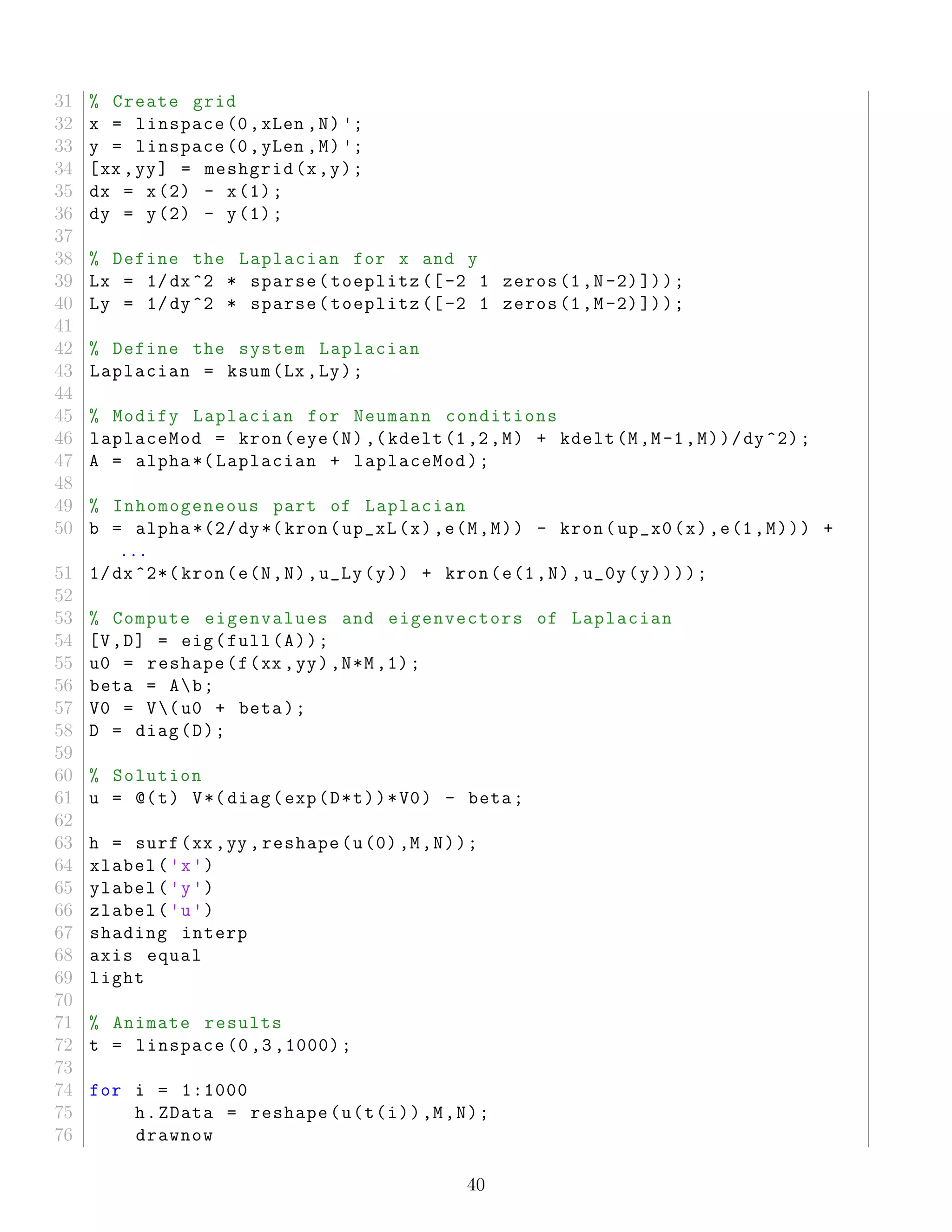 31 % Create grid
32 x = linspace (0,xLen ,N) ';
33 y = linspace (0,yLen ,M) ';
34 [xx ,yy] = meshgrid(x,y);
35 dx = x(2) - x(1);
36 dy = y(2) - y(1);
37
38 % Define the Laplacian for x and y
39 Lx = 1/dx^2 * sparse(toeplitz ([-2 1 zeros(1,N-2)]));
40 Ly = 1/dy^2 * sparse(toeplitz ([-2 1 zeros(1,M-2)]));
41
42 % Define the system Laplacian
43 Laplacian = ksum(Lx ,Ly);
44
45 % Modify Laplacian for Neumann conditions
46 laplaceMod = kron(eye(N) ,(kdelt(1,2,M) + kdelt(M,M-1,M))/dy^2);
47 A = alpha *( Laplacian + laplaceMod);
48
49 % Inhomogeneous part of Laplacian
50 b = alpha *(2/ dy*(kron(up_xL(x),e(M,M)) - kron(up_x0(x),e(1,M))) +
...
51 1/dx ^2*( kron(e(N,N),u_Ly(y)) + kron(e(1,N),u_0y(y))));
52
53 % Compute eigenvalues and eigenvectors of Laplacian
54 [V,D] = eig(full(A));
55 u0 = reshape(f(xx ,yy),N*M,1);
56 beta = Ab;
57 V0 = V(u0 + beta);
58 D = diag(D);
59
60 % Solution
61 u = @(t) V*( diag(exp(D*t))*V0) - beta;
62
63 h = surf(xx ,yy ,reshape(u(0),M,N));
64 xlabel('x')
65 ylabel('y')
66 zlabel('u')
67 shading interp
68 axis equal
69 light
70
71 % Animate results
72 t = linspace (0 ,3 ,1000);
73
74 for i = 1:1000
75 h.ZData = reshape(u(t(i)),M,N);
76 drawnow
40
 