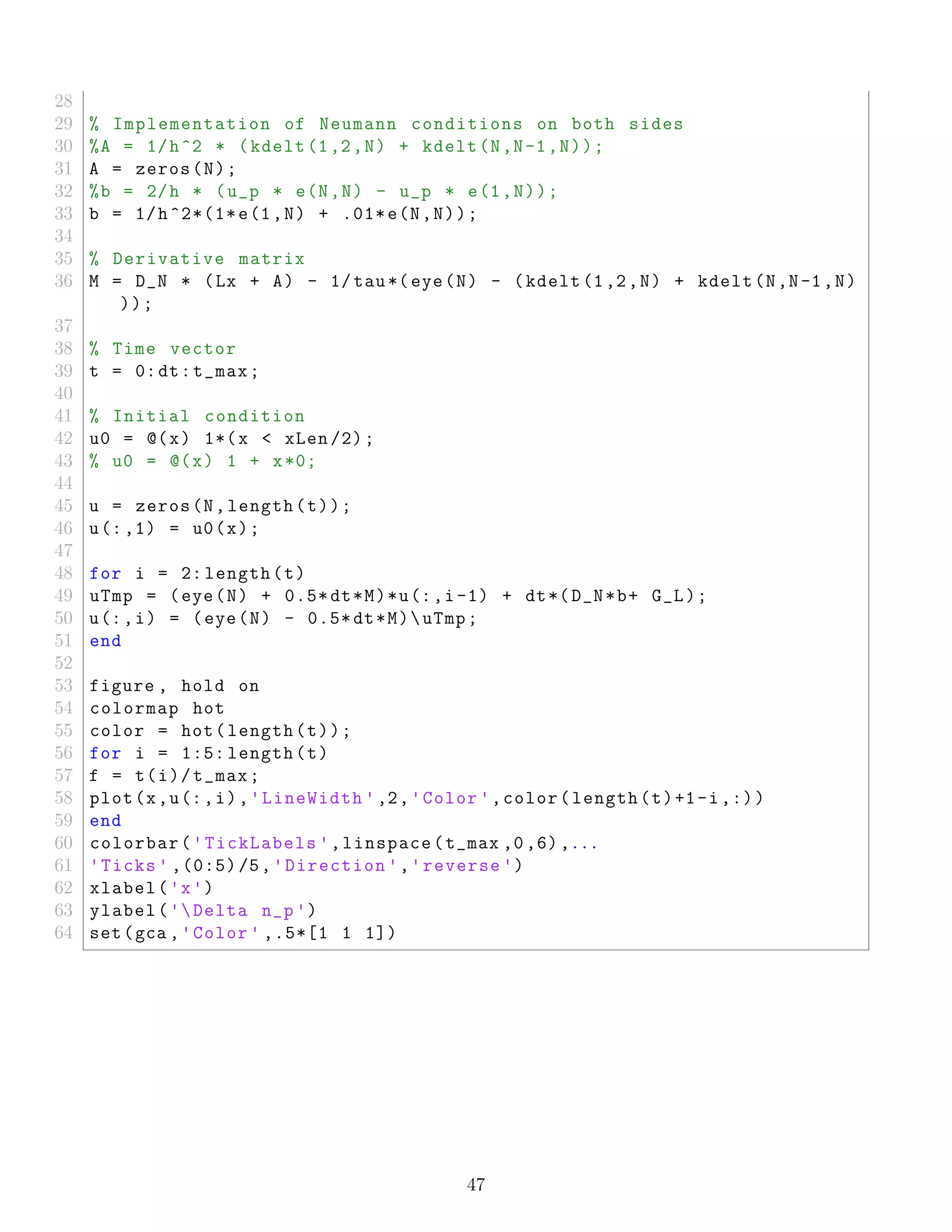 28
29 % Implementation of Neumann conditions on both sides
30 %A = 1/h^2 * (kdelt(1,2,N) + kdelt(N,N-1,N));
31 A = zeros(N);
32 %b = 2/h * (u_p * e(N,N) - u_p * e(1,N));
33 b = 1/h^2*(1*e(1,N) + .01*e(N,N));
34
35 % Derivative matrix
36 M = D_N * (Lx + A) - 1/tau*(eye(N) - (kdelt(1,2,N) + kdelt(N,N-1,N)
));
37
38 % Time vector
39 t = 0:dt:t_max;
40
41 % Initial condition
42 u0 = @(x) 1*(x < xLen /2);
43 % u0 = @(x) 1 + x*0;
44
45 u = zeros(N,length(t));
46 u(:,1) = u0(x);
47
48 for i = 2: length(t)
49 uTmp = (eye(N) + 0.5* dt*M)*u(:,i-1) + dt*(D_N*b+ G_L);
50 u(:,i) = (eye(N) - 0.5* dt*M)uTmp;
51 end
52
53 figure , hold on
54 colormap hot
55 color = hot(length(t));
56 for i = 1:5: length(t)
57 f = t(i)/t_max;
58 plot(x,u(:,i),'LineWidth ',2,'Color ',color(length(t)+1-i,:))
59 end
60 colorbar('TickLabels ',linspace(t_max ,0,6),...
61 'Ticks ' ,(0:5)/5,'Direction ','reverse ')
62 xlabel('x')
63 ylabel('Delta n_p')
64 set(gca ,'Color ' ,.5*[1 1 1])
47
 