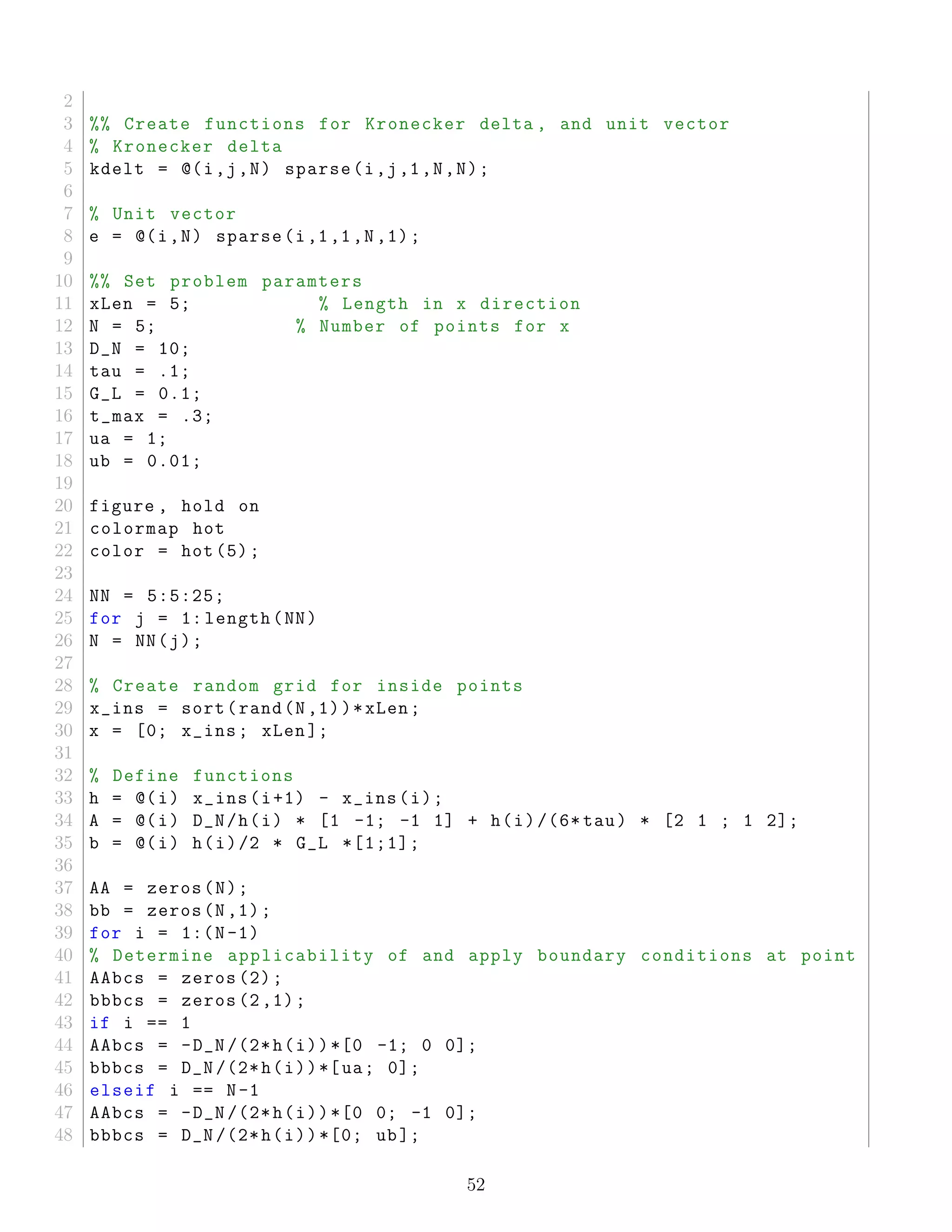 2
3 %% Create functions for Kronecker delta , and unit vector
4 % Kronecker delta
5 kdelt = @(i,j,N) sparse(i,j,1,N,N);
6
7 % Unit vector
8 e = @(i,N) sparse(i,1,1,N,1);
9
10 %% Set problem paramters
11 xLen = 5; % Length in x direction
12 N = 5; % Number of points for x
13 D_N = 10;
14 tau = .1;
15 G_L = 0.1;
16 t_max = .3;
17 ua = 1;
18 ub = 0.01;
19
20 figure , hold on
21 colormap hot
22 color = hot (5);
23
24 NN = 5:5:25;
25 for j = 1: length(NN)
26 N = NN(j);
27
28 % Create random grid for inside points
29 x_ins = sort(rand(N,1))*xLen;
30 x = [0; x_ins; xLen ];
31
32 % Define functions
33 h = @(i) x_ins(i+1) - x_ins(i);
34 A = @(i) D_N/h(i) * [1 -1; -1 1] + h(i)/(6* tau) * [2 1 ; 1 2];
35 b = @(i) h(i)/2 * G_L *[1;1];
36
37 AA = zeros(N);
38 bb = zeros(N,1);
39 for i = 1:(N-1)
40 % Determine applicability of and apply boundary conditions at point
41 AAbcs = zeros (2);
42 bbbcs = zeros (2,1);
43 if i == 1
44 AAbcs = -D_N /(2*h(i))*[0 -1; 0 0];
45 bbbcs = D_N /(2*h(i))*[ua; 0];
46 elseif i == N-1
47 AAbcs = -D_N /(2*h(i))*[0 0; -1 0];
48 bbbcs = D_N /(2*h(i))*[0; ub];
52
 