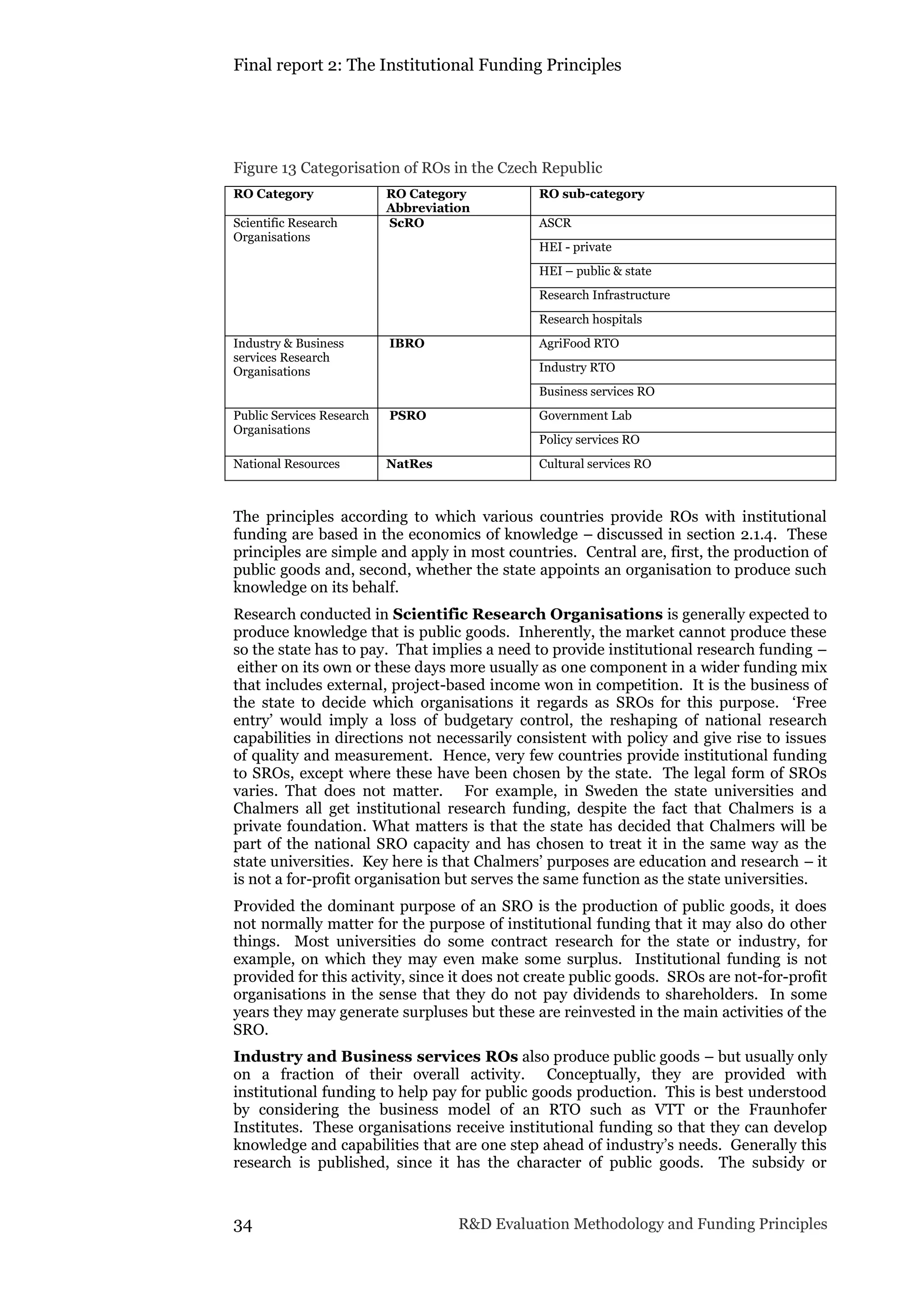 Final report 2: The Institutional Funding Principles
34 R&D Evaluation Methodology and Funding Principles
Figure 13 Categorisation of ROs in the Czech Republic
RO Category RO Category
Abbreviation
RO sub-category
Scientific Research
Organisations
ScRO ASCR
HEI - private
HEI – public & state
Research Infrastructure
Research hospitals
Industry & Business
services Research
Organisations
IBRO AgriFood RTO
Industry RTO
Business services RO
Public Services Research
Organisations
PSRO Government Lab
Policy services RO
National Resources NatRes Cultural services RO
The principles according to which various countries provide ROs with institutional
funding are based in the economics of knowledge – discussed in section 2.1.4. These
principles are simple and apply in most countries. Central are, first, the production of
public goods and, second, whether the state appoints an organisation to produce such
knowledge on its behalf.
Research conducted in Scientific Research Organisations is generally expected to
produce knowledge that is public goods. Inherently, the market cannot produce these
so the state has to pay. That implies a need to provide institutional research funding –
either on its own or these days more usually as one component in a wider funding mix
that includes external, project-based income won in competition. It is the business of
the state to decide which organisations it regards as SROs for this purpose. ‘Free
entry’ would imply a loss of budgetary control, the reshaping of national research
capabilities in directions not necessarily consistent with policy and give rise to issues
of quality and measurement. Hence, very few countries provide institutional funding
to SROs, except where these have been chosen by the state. The legal form of SROs
varies. That does not matter. For example, in Sweden the state universities and
Chalmers all get institutional research funding, despite the fact that Chalmers is a
private foundation. What matters is that the state has decided that Chalmers will be
part of the national SRO capacity and has chosen to treat it in the same way as the
state universities. Key here is that Chalmers’ purposes are education and research – it
is not a for-profit organisation but serves the same function as the state universities.
Provided the dominant purpose of an SRO is the production of public goods, it does
not normally matter for the purpose of institutional funding that it may also do other
things. Most universities do some contract research for the state or industry, for
example, on which they may even make some surplus. Institutional funding is not
provided for this activity, since it does not create public goods. SROs are not-for-profit
organisations in the sense that they do not pay dividends to shareholders. In some
years they may generate surpluses but these are reinvested in the main activities of the
SRO.
Industry and Business services ROs also produce public goods – but usually only
on a fraction of their overall activity. Conceptually, they are provided with
institutional funding to help pay for public goods production. This is best understood
by considering the business model of an RTO such as VTT or the Fraunhofer
Institutes. These organisations receive institutional funding so that they can develop
knowledge and capabilities that are one step ahead of industry’s needs. Generally this
research is published, since it has the character of public goods. The subsidy or
 