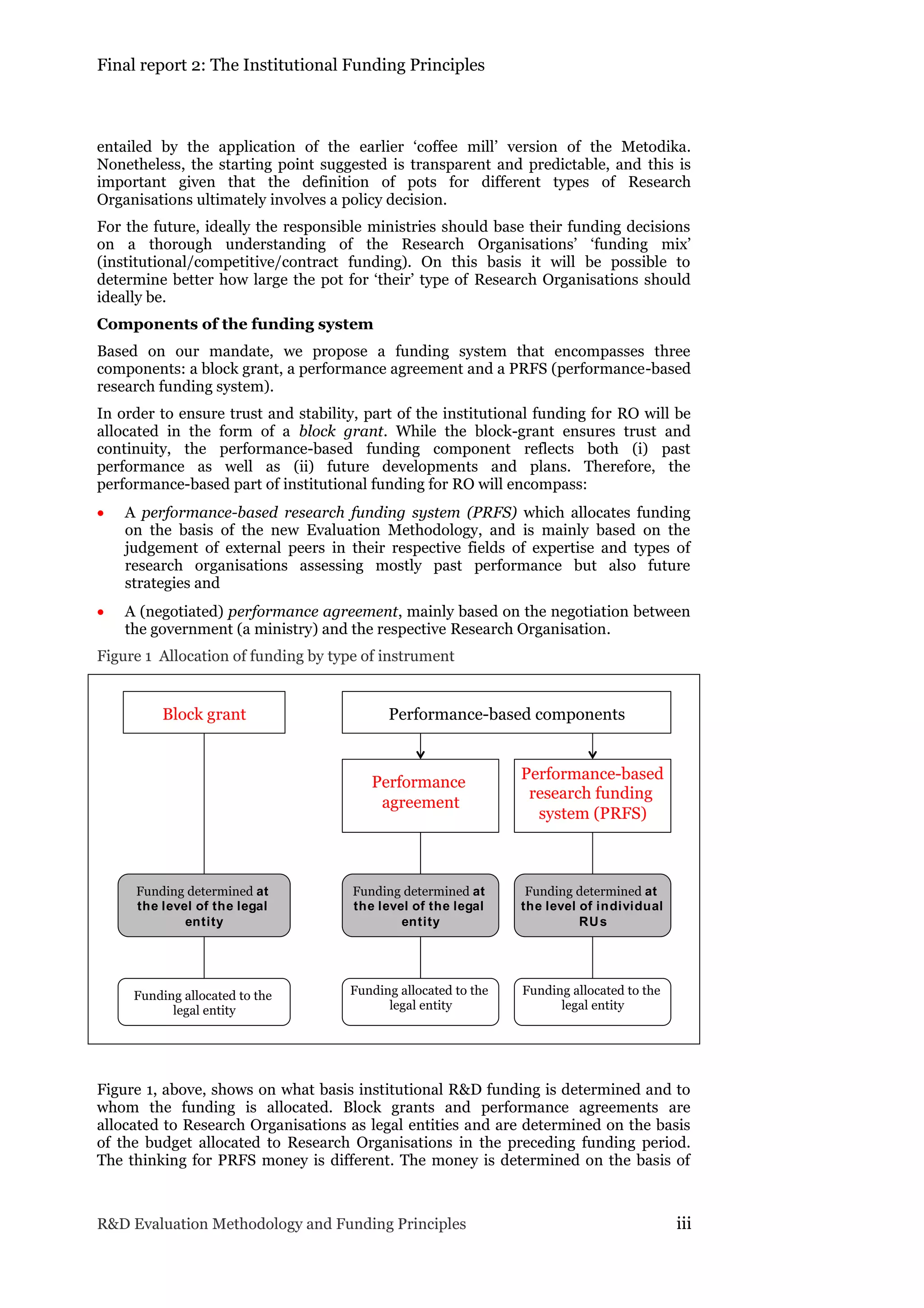 Final report 2: The Institutional Funding Principles
R&D Evaluation Methodology and Funding Principles iii
entailed by the application of the earlier ‘coffee mill’ version of the Metodika.
Nonetheless, the starting point suggested is transparent and predictable, and this is
important given that the definition of pots for different types of Research
Organisations ultimately involves a policy decision.
For the future, ideally the responsible ministries should base their funding decisions
on a thorough understanding of the Research Organisations’ ‘funding mix’
(institutional/competitive/contract funding). On this basis it will be possible to
determine better how large the pot for ‘their’ type of Research Organisations should
ideally be.
Components of the funding system
Based on our mandate, we propose a funding system that encompasses three
components: a block grant, a performance agreement and a PRFS (performance-based
research funding system).
In order to ensure trust and stability, part of the institutional funding for RO will be
allocated in the form of a block grant. While the block-grant ensures trust and
continuity, the performance-based funding component reflects both (i) past
performance as well as (ii) future developments and plans. Therefore, the
performance-based part of institutional funding for RO will encompass:
 A performance-based research funding system (PRFS) which allocates funding
on the basis of the new Evaluation Methodology, and is mainly based on the
judgement of external peers in their respective fields of expertise and types of
research organisations assessing mostly past performance but also future
strategies and
 A (negotiated) performance agreement, mainly based on the negotiation between
the government (a ministry) and the respective Research Organisation.
Figure 1 Allocation of funding by type of instrument
Figure 1, above, shows on what basis institutional R&D funding is determined and to
whom the funding is allocated. Block grants and performance agreements are
allocated to Research Organisations as legal entities and are determined on the basis
of the budget allocated to Research Organisations in the preceding funding period.
The thinking for PRFS money is different. The money is determined on the basis of
Block grant Performance-based components
Performance
agreement
Performance-based
research funding
system (PRFS)
Funding determined at
the level of the legal
entity
Funding determined at
the level of the legal
entity
Funding determined at
the level of individual
RUs
Funding allocated to the
legal entity
Funding allocated to the
legal entity
Funding allocated to the
legal entity
 