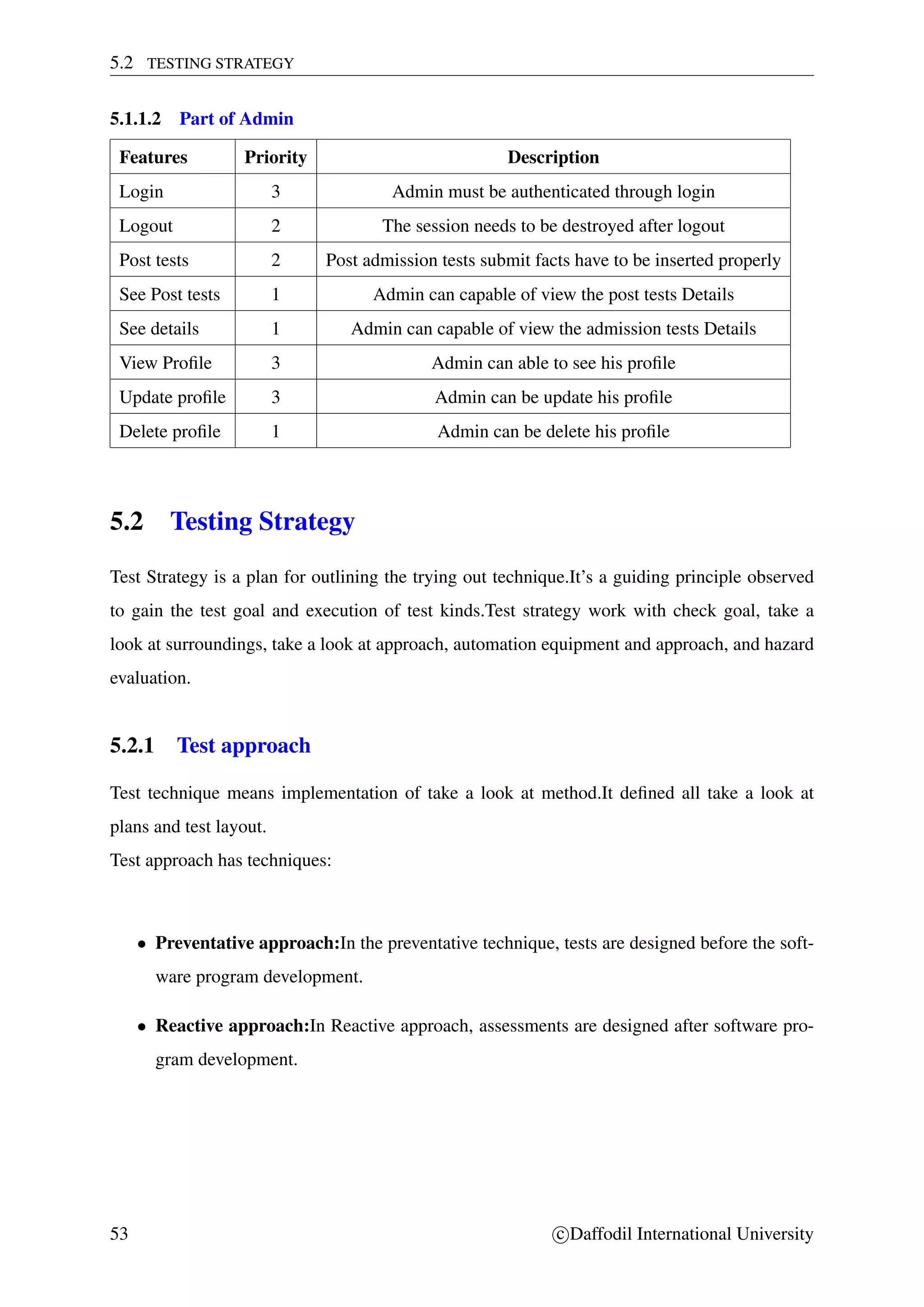 5.2 TESTING STRATEGY
5.1.1.2 Part of Admin
Features Priority Description
Login 3 Admin must be authenticated through login
Logout 2 The session needs to be destroyed after logout
Post tests 2 Post admission tests submit facts have to be inserted properly
See Post tests 1 Admin can capable of view the post tests Details
See details 1 Admin can capable of view the admission tests Details
View Proﬁle 3 Admin can able to see his proﬁle
Update proﬁle 3 Admin can be update his proﬁle
Delete proﬁle 1 Admin can be delete his proﬁle
5.2 Testing Strategy
Test Strategy is a plan for outlining the trying out technique.It’s a guiding principle observed
to gain the test goal and execution of test kinds.Test strategy work with check goal, take a
look at surroundings, take a look at approach, automation equipment and approach, and hazard
evaluation.
5.2.1 Test approach
Test technique means implementation of take a look at method.It deﬁned all take a look at
plans and test layout.
Test approach has techniques:
• Preventative approach:In the preventative technique, tests are designed before the soft-
ware program development.
• Reactive approach:In Reactive approach, assessments are designed after software pro-
gram development.
53 c Daffodil International University
 