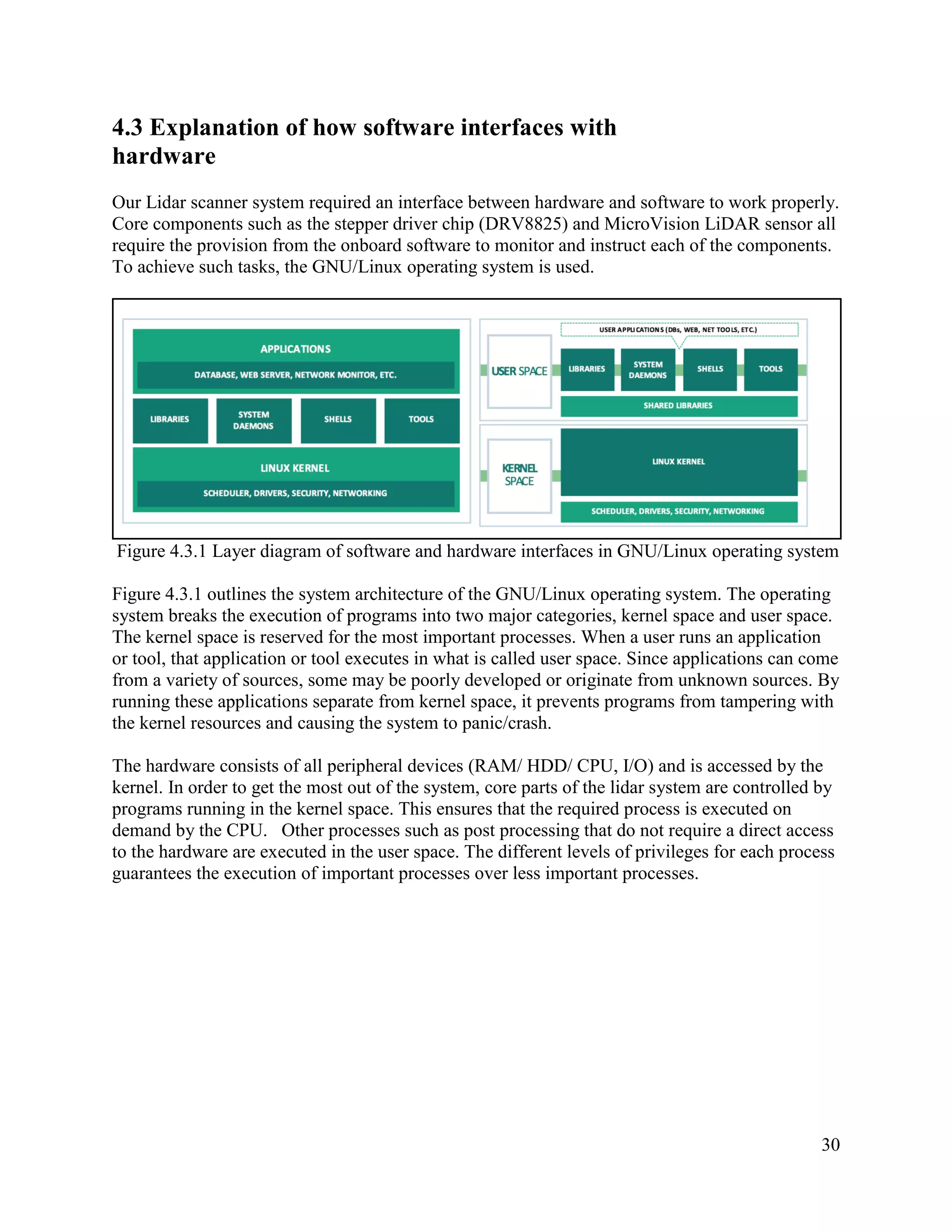 30
4.3 Explanation of how software interfaces with
hardware
Our Lidar scanner system required an interface between hardware and software to work properly.
Core components such as the stepper driver chip (DRV8825) and MicroVision LiDAR sensor all
require the provision from the onboard software to monitor and instruct each of the components.
To achieve such tasks, the GNU/Linux operating system is used.
Figure 4.3.1 Layer diagram of software and hardware interfaces in GNU/Linux operating system
Figure 4.3.1 outlines the system architecture of the GNU/Linux operating system. The operating
system breaks the execution of programs into two major categories, kernel space and user space.
The kernel space is reserved for the most important processes. When a user runs an application
or tool, that application or tool executes in what is called user space. Since applications can come
from a variety of sources, some may be poorly developed or originate from unknown sources. By
running these applications separate from kernel space, it prevents programs from tampering with
the kernel resources and causing the system to panic/crash.
The hardware consists of all peripheral devices (RAM/ HDD/ CPU, I/O) and is accessed by the
kernel. In order to get the most out of the system, core parts of the lidar system are controlled by
programs running in the kernel space. This ensures that the required process is executed on
demand by the CPU. Other processes such as post processing that do not require a direct access
to the hardware are executed in the user space. The different levels of privileges for each process
guarantees the execution of important processes over less important processes.
 