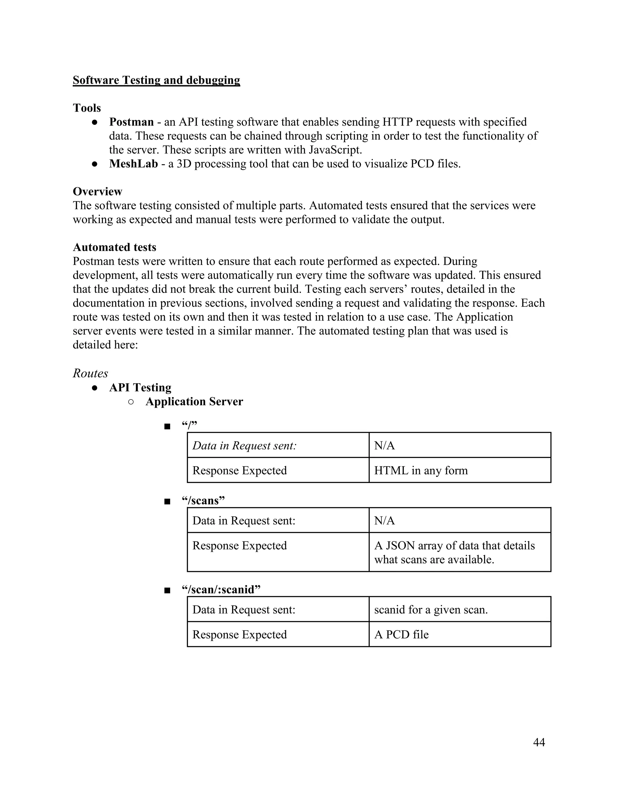 44
Software Testing and debugging
Tools
● Postman - an API testing software that enables sending HTTP requests with specified
data. These requests can be chained through scripting in order to test the functionality of
the server. These scripts are written with JavaScript.
● MeshLab - a 3D processing tool that can be used to visualize PCD files.
Overview
The software testing consisted of multiple parts. Automated tests ensured that the services were
working as expected and manual tests were performed to validate the output.
Automated tests
Postman tests were written to ensure that each route performed as expected. During
development, all tests were automatically run every time the software was updated. This ensured
that the updates did not break the current build. Testing each servers’ routes, detailed in the
documentation in previous sections, involved sending a request and validating the response. Each
route was tested on its own and then it was tested in relation to a use case. The Application
server events were tested in a similar manner. The automated testing plan that was used is
detailed here:
Routes
● API Testing
○ Application Server
■ “/”
Data in Request sent: N/A
Response Expected HTML in any form
■ “/scans”
Data in Request sent: N/A
Response Expected A JSON array of data that details
what scans are available.
■ “/scan/:scanid”
Data in Request sent: scanid for a given scan.
Response Expected A PCD file
 