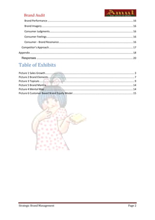 Brand Audit
       Brand Performance ....................................................................................................................... 16
       Brand Imagery ............................................................................................................................... 16
       Consumer Judgments.................................................................................................................... 16
       Consumer Feelings ........................................................................................................................ 16
       Consumer - Brand Resonance ....................................................................................................... 16
   Competitor’s Approach ..................................................................................................................... 17
Appendix ............................................................................................................................................... 18
   Responses ...................................................................................................................................... 20

Table of Exhibits
Picture 1 Sales Growth ............................................................................................................................ 3
Picture 2 Brand Elements........................................................................................................................ 7
Picture 3 Topicals .................................................................................................................................... 9
Picture 5 Brand Mantra......................................................................................................................... 14
Picture 4 Mental Map ........................................................................................................................... 14
Picture 6 Customer Based Brand Equity Model .................................................................................... 15




Strategic Brand Management                                                                                                                      Page 2
 