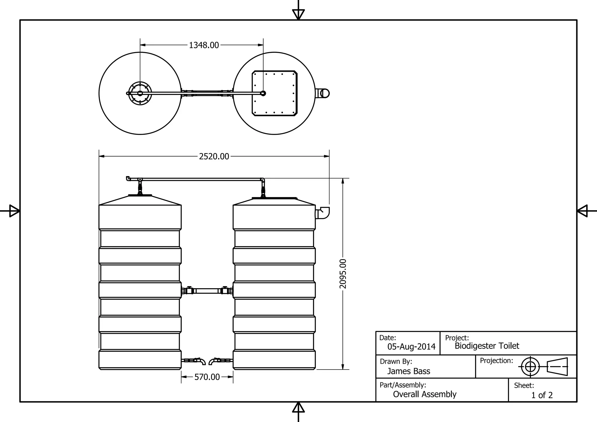 Date:
Drawn By:
Part/Assembly:
Projection:
Project:
Sheet:
05-Aug-2014
James Bass
Overall Assembly
Biodigester Toilet2095.00
2520.00
570.00
1348.00
1 of 2
 