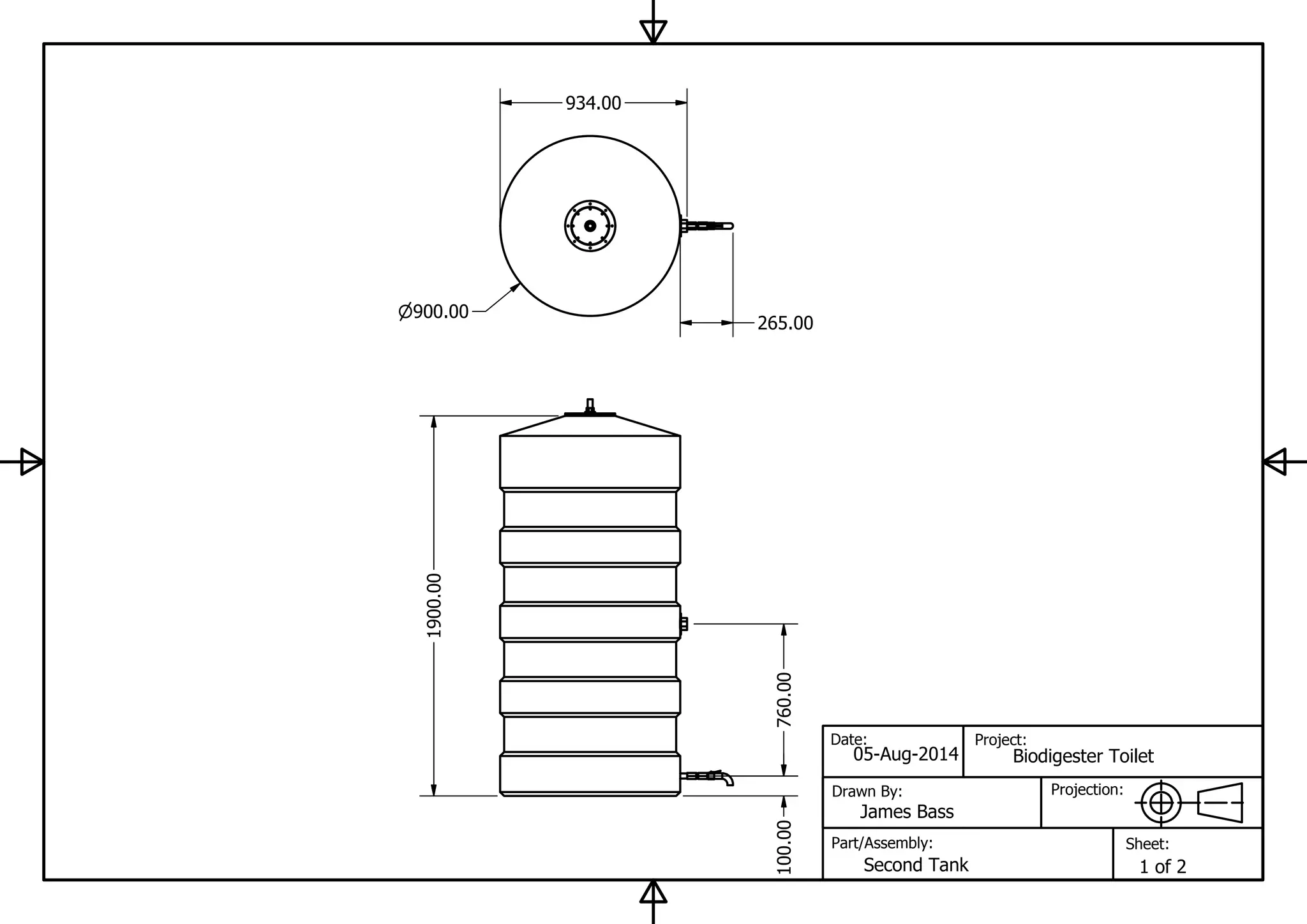 Date:
Drawn By:
Part/Assembly:
Projection:
Project:
Sheet:
05-Aug-2014
James Bass
Biodigester Toilet
Second Tank 1 of 2
1900.00
934.00
900.00
760.00100.00
265.00
 