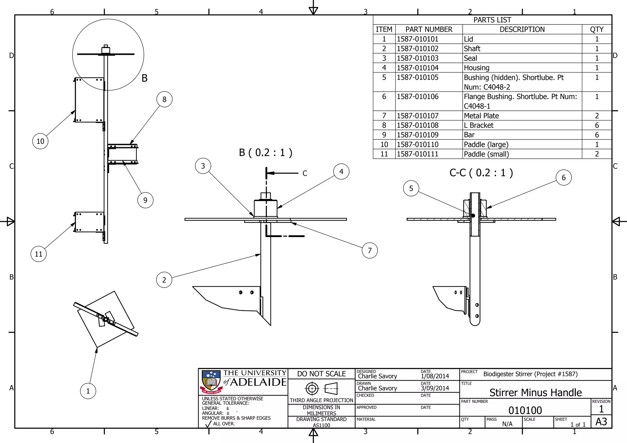 B ( 0.2 : 1 )
C-C ( 0.2 : 1 )
PARTS LIST
QTYDESCRIPTIONPART NUMBERITEM
1Lid1587-0101011
1Shaft1587-0101022
1Seal1587-0101033
1Housing1587-0101044
1Bushing (hidden). Shortlube. Pt
Num: C4048-2
1587-0101055
1Flange Bushing. Shortlube. Pt Num:
C4048-1
1587-0101066
2Metal Plate1587-0101077
6L Bracket1587-0101088
6Bar1587-0101099
1Paddle (large)1587-01011010
2Paddle (small)1587-01011111
B
C
1
1
2
2
3
3
4
4
5
5
6
6
A A
B B
C C
D D
3/09/2014
DESIGNED
CHECKED
APPROVED
DATE
SHEET
A3
REVISION
1
1 of 1
PART NUMBER
TITLE
010100
Stirrer Minus Handle
THIRD ANGLE PROJECTION
PROJECT
Biodigester Stirrer (Project #1587)
SCALEMASS
DO NOT SCALE
DIMENSIONS IN
MILIMETERS
DRAWING STANDARD
AS1100
MATERIAL QTY
N/A
DRAWN
Charlie Savory
DATE
DATE
DATE
Charlie Savory
1/08/2014
UNLESS STATED OTHERWISE
GENERAL TOLERANCE:
LINEAR:
ANGULAR:
REMOVE BURRS & SHARP EDGES
ALL OVER.
1
2
3
4
5
6
7
8
9
10
11
 