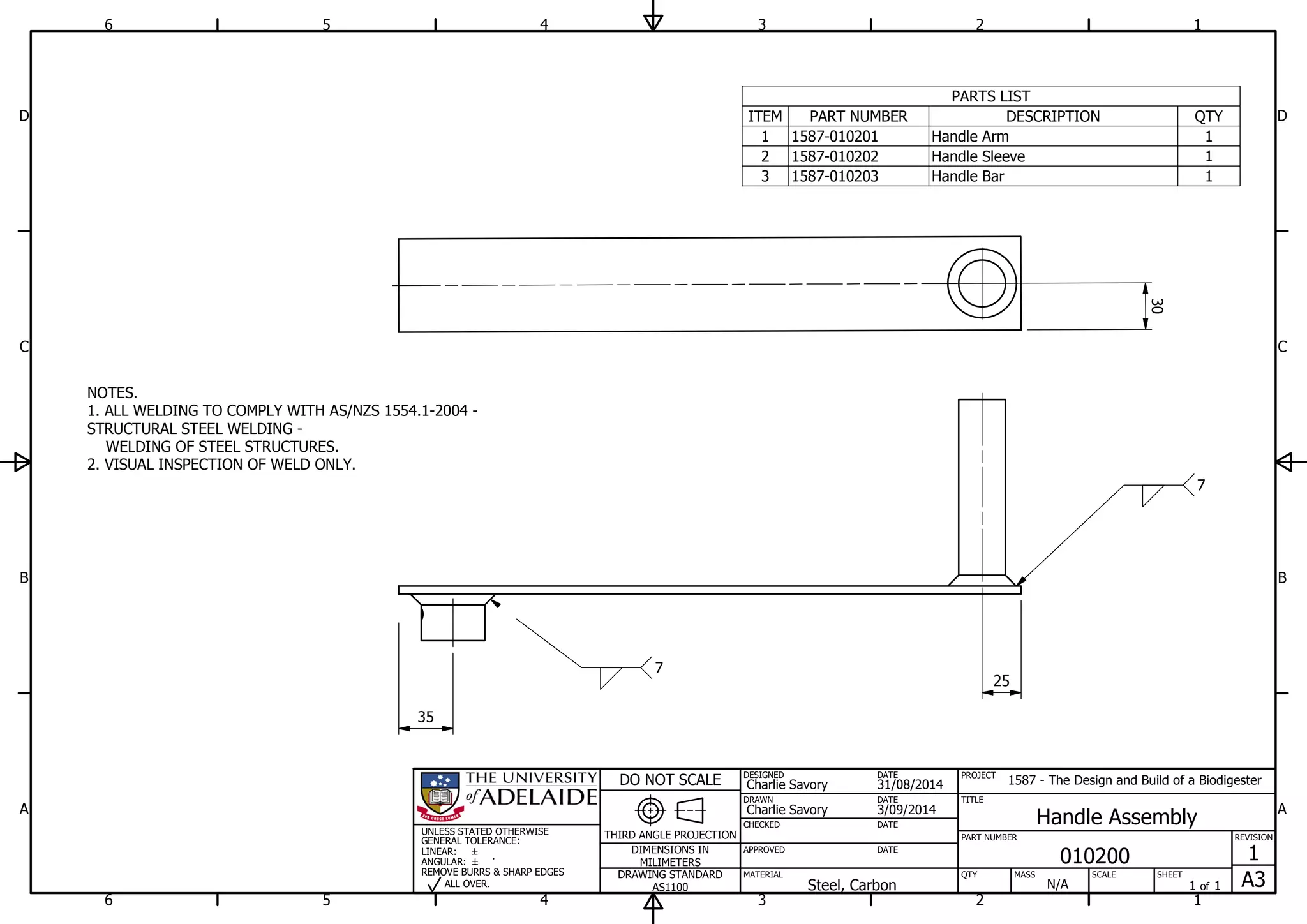 PARTS LIST
QTYDESCRIPTIONPART NUMBERITEM
1Handle Arm1587-0102011
1Handle Sleeve1587-0102022
1Handle Bar1587-0102033
1
1
2
2
3
3
4
4
5
5
6
6
A A
B B
C C
D D
3/09/2014
DESIGNED
CHECKED
APPROVED
DATE
SHEET
A3
REVISION
1
1 of 1
PART NUMBER
TITLE
010200
Handle Assembly
THIRD ANGLE PROJECTION
PROJECT
1587 - The Design and Build of a Biodigester
SCALEMASS
DO NOT SCALE
DIMENSIONS IN
MILIMETERS
DRAWING STANDARD
AS1100
MATERIAL QTY
N/A
DRAWN
Charlie Savory
DATE
DATE
DATE
Charlie Savory
31/08/2014
Steel, Carbon
UNLESS STATED OTHERWISE
GENERAL TOLERANCE:
LINEAR:
ANGULAR:
REMOVE BURRS & SHARP EDGES
ALL OVER.
NOTES.
1. ALL WELDING TO COMPLY WITH AS/NZS 1554.1-2004 -
STRUCTURAL STEEL WELDING -
WELDING OF STEEL STRUCTURES.
2. VISUAL INSPECTION OF WELD ONLY.
25
35
30
7
7
 