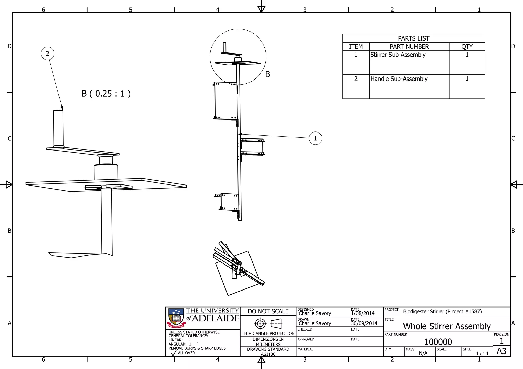 B ( 0.25 : 1 )
B
PARTS LIST
QTYPART NUMBERITEM
1Stirrer Sub-Assembly1
1Handle Sub-Assembly2
1
1
2
2
3
3
4
4
5
5
6
6
A A
B B
C C
D D
30/09/2014
DESIGNED
CHECKED
APPROVED
DATE
SHEET
A3
REVISION
1
1 of 1
PART NUMBER
TITLE
100000
Whole Stirrer Assembly
THIRD ANGLE PROJECTION
PROJECT
Biodigester Stirrer (Project #1587)
SCALEMASS
DO NOT SCALE
DIMENSIONS IN
MILIMETERS
DRAWING STANDARD
AS1100
MATERIAL QTY
N/A
DRAWN
Charlie Savory
DATE
DATE
DATE
Charlie Savory
1/08/2014
UNLESS STATED OTHERWISE
GENERAL TOLERANCE:
LINEAR:
ANGULAR:
REMOVE BURRS & SHARP EDGES
ALL OVER.
1
2
 