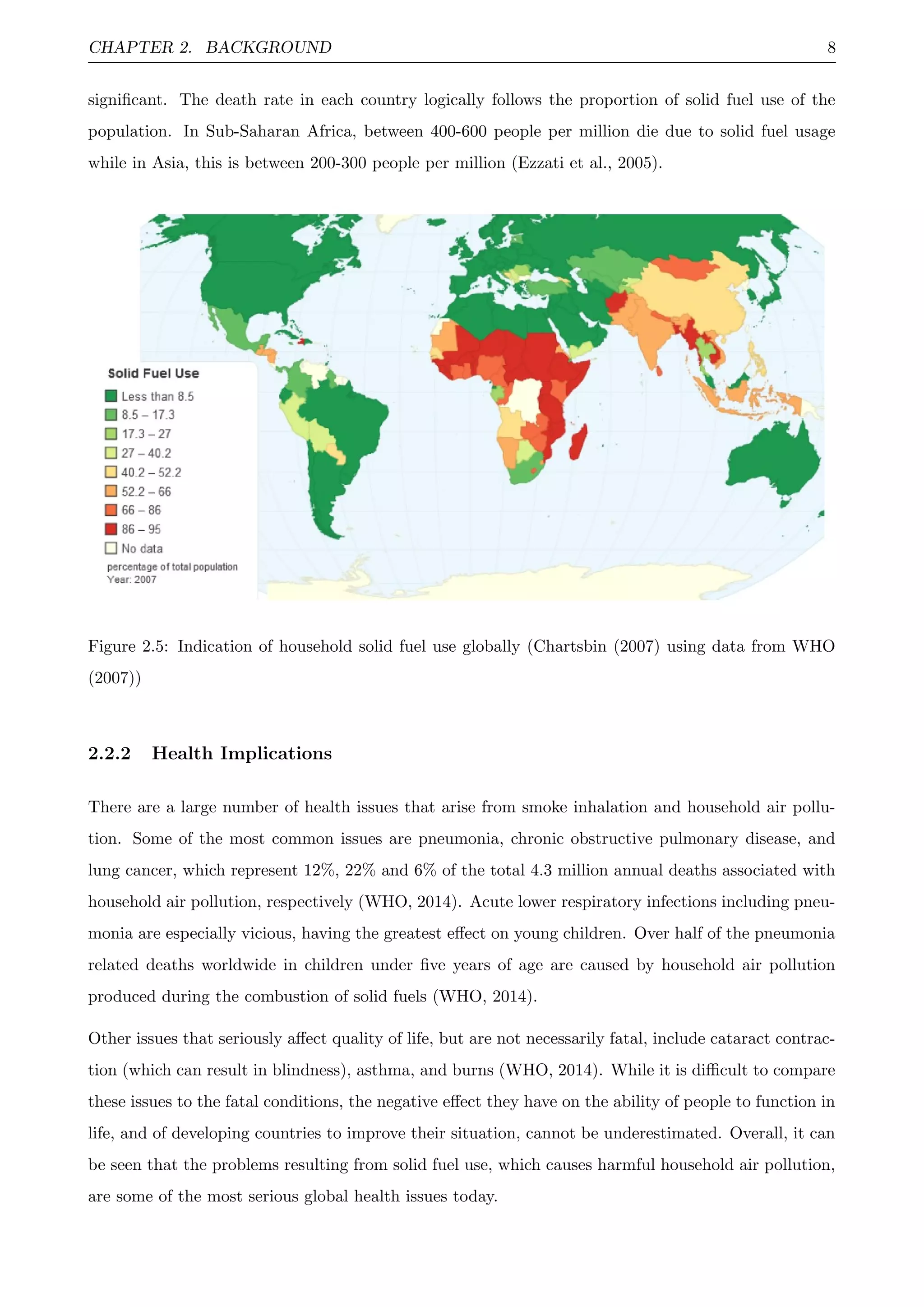 CHAPTER 2. BACKGROUND 8
signiﬁcant. The death rate in each country logically follows the proportion of solid fuel use of the
population. In Sub-Saharan Africa, between 400-600 people per million die due to solid fuel usage
while in Asia, this is between 200-300 people per million (Ezzati et al., 2005).
Figure 2.5: Indication of household solid fuel use globally (Chartsbin (2007) using data from WHO
(2007))
2.2.2 Health Implications
There are a large number of health issues that arise from smoke inhalation and household air pollu-
tion. Some of the most common issues are pneumonia, chronic obstructive pulmonary disease, and
lung cancer, which represent 12%, 22% and 6% of the total 4.3 million annual deaths associated with
household air pollution, respectively (WHO, 2014). Acute lower respiratory infections including pneu-
monia are especially vicious, having the greatest eﬀect on young children. Over half of the pneumonia
related deaths worldwide in children under ﬁve years of age are caused by household air pollution
produced during the combustion of solid fuels (WHO, 2014).
Other issues that seriously aﬀect quality of life, but are not necessarily fatal, include cataract contrac-
tion (which can result in blindness), asthma, and burns (WHO, 2014). While it is diﬃcult to compare
these issues to the fatal conditions, the negative eﬀect they have on the ability of people to function in
life, and of developing countries to improve their situation, cannot be underestimated. Overall, it can
be seen that the problems resulting from solid fuel use, which causes harmful household air pollution,
are some of the most serious global health issues today.
 