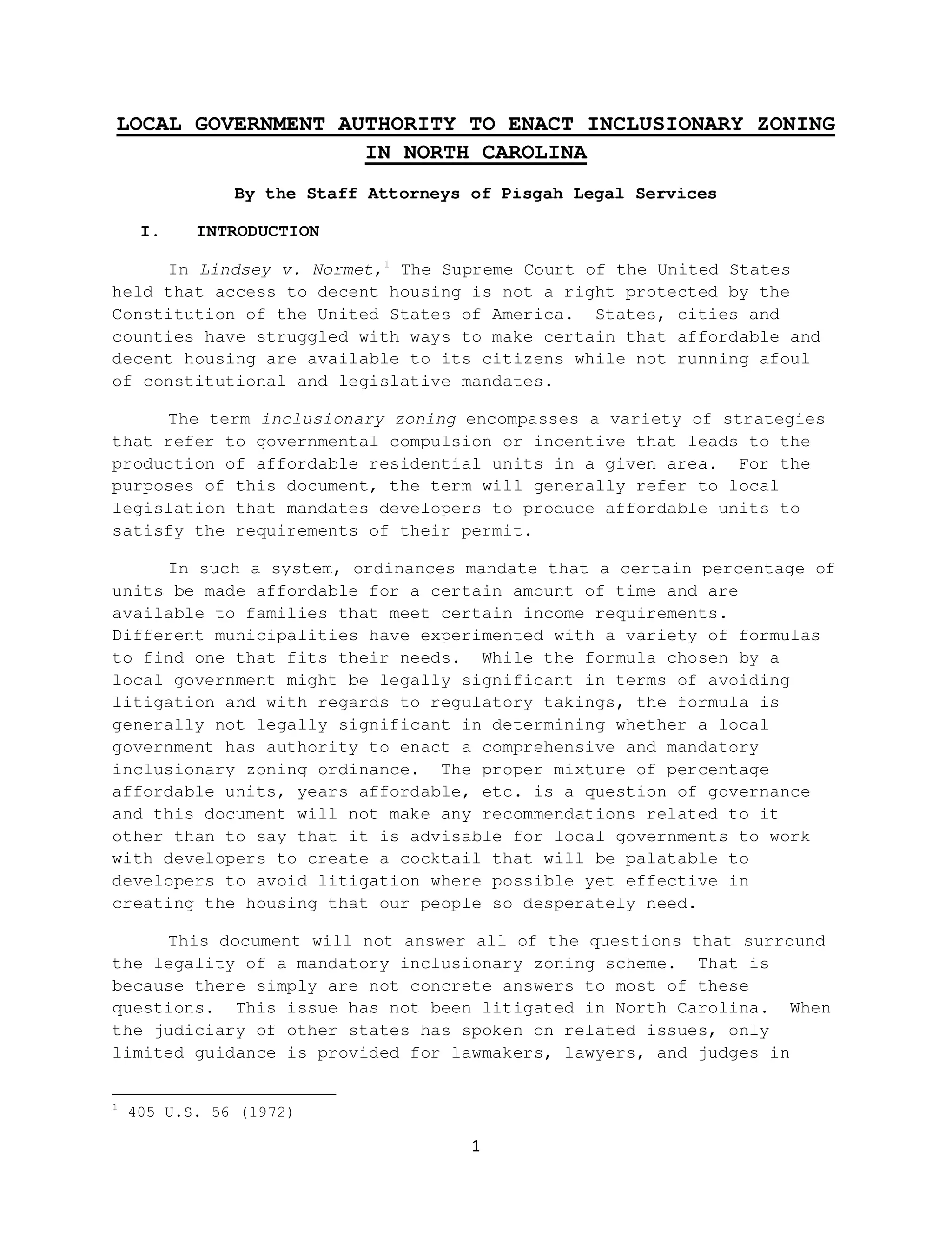 Local Government Authority to Enact Inclusionary Zoning in North