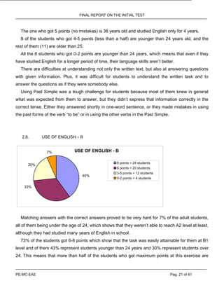 FINAL REPORT ON THE INITIAL TEST
PE-MC-EAE Pag. 21 of 61
The one who got 5 points (no mistakes) is 36 years old and studied English only for 4 years.
8 of the students who got 4-5 points (less than a half) are younger than 24 years old, and the
rest of them (11) are older than 25.
All the 8 students who got 0-2 points are younger than 24 years, which means that even if they
have studied English for a longer period of time, their language skills aren’t better.
There are difficulties at understanding not only the written text, but also at answering questions
with given information. Plus, it was difficult for students to understand the written task and to
answer the questions as if they were somebody else.
Using Past Simple was a tough challenge for students because most of them knew in general
what was expected from them to answer, but they didn’t express that information correctly in the
correct tense. Either they answered shortly in one-word sentence, or they made mistakes in using
the past forms of the verb “to be” or in using the other verbs in the Past Simple.
2.6. USE OF ENGLISH – B
USE OF ENGLISH - B7%
33%
40%
20%
8 points = 24 students
6 points = 20 students
3-5 points = 12 students
0-2 points = 4 students
Matching answers with the correct answers proved to be very hard for 7% of the adult students,
all of them being under the age of 24, which shows that they weren’t able to reach A2 level at least,
although they had studied many years of English in school.
73% of the students got 6-8 points which show that the task was easily attainable for them at B1
level and of them 43% represent students younger than 24 years and 30% represent students over
24. This means that more than half of the students who got maximum points at this exercise are
 