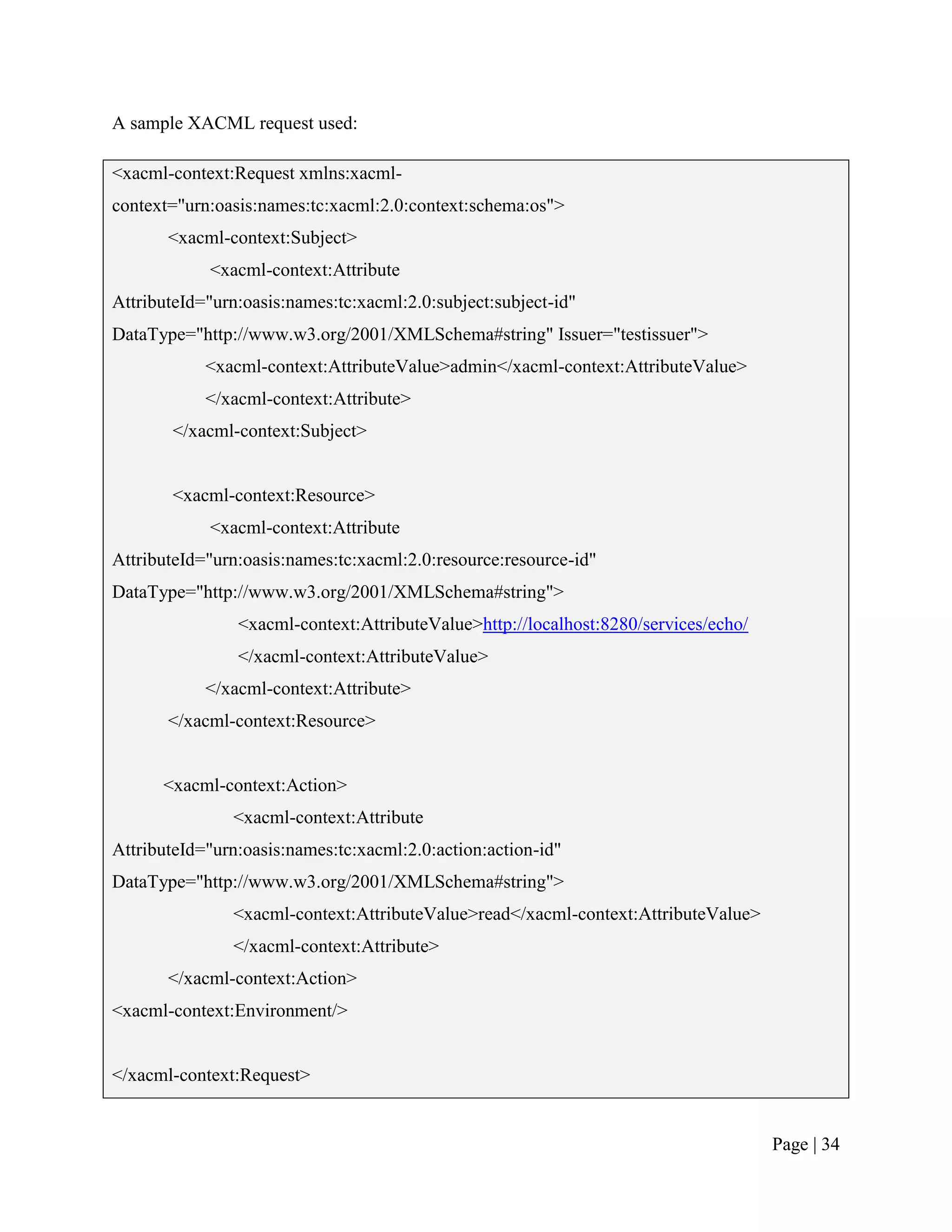 A sample XACML request used:

<xacml-context:Request xmlns:xacml-
context="urn:oasis:names:tc:xacml:2.0:context:schema:os">
       <xacml-context:Subject>
            <xacml-context:Attribute
AttributeId="urn:oasis:names:tc:xacml:2.0:subject:subject-id"
DataType="http://www.w3.org/2001/XMLSchema#string" Issuer="testissuer">
            <xacml-context:AttributeValue>admin</xacml-context:AttributeValue>
            </xacml-context:Attribute>
       </xacml-context:Subject>


       <xacml-context:Resource>
            <xacml-context:Attribute
AttributeId="urn:oasis:names:tc:xacml:2.0:resource:resource-id"
DataType="http://www.w3.org/2001/XMLSchema#string">
                <xacml-context:AttributeValue>http://localhost:8280/services/echo/
                </xacml-context:AttributeValue>
            </xacml-context:Attribute>
       </xacml-context:Resource>


      <xacml-context:Action>
               <xacml-context:Attribute
AttributeId="urn:oasis:names:tc:xacml:2.0:action:action-id"
DataType="http://www.w3.org/2001/XMLSchema#string">
               <xacml-context:AttributeValue>read</xacml-context:AttributeValue>
               </xacml-context:Attribute>
       </xacml-context:Action>
<xacml-context:Environment/>


</xacml-context:Request>


                                                                                     Page | 34
 