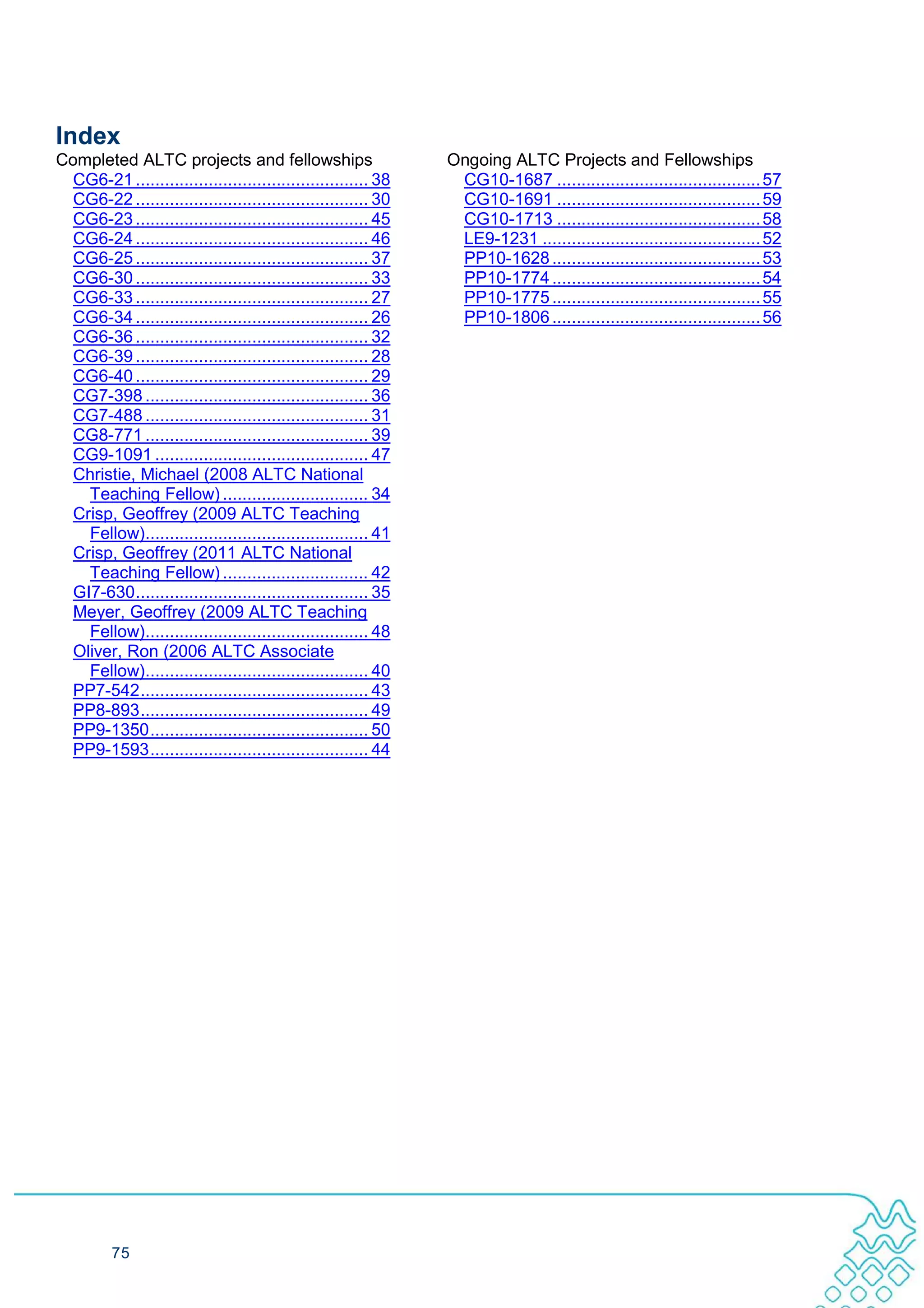 Index
Completed ALTC projects and fellowships                         Ongoing ALTC Projects and Fellowships
  CG6-21 ................................................ 38     CG10-1687 .......................................... 57
  CG6-22 ................................................ 30     CG10-1691 .......................................... 59
  CG6-23 ................................................ 45     CG10-1713 .......................................... 58
  CG6-24 ................................................ 46     LE9-1231 ............................................. 52
  CG6-25 ................................................ 37     PP10-1628 ........................................... 53
  CG6-30 ................................................ 33     PP10-1774 ........................................... 54
  CG6-33 ................................................ 27     PP10-1775 ........................................... 55
  CG6-34 ................................................ 26     PP10-1806 ........................................... 56
  CG6-36 ................................................ 32
  CG6-39 ................................................ 28
  CG6-40 ................................................ 29
  CG7-398 .............................................. 36
  CG7-488 .............................................. 31
  CG8-771 .............................................. 39
  CG9-1091 ............................................ 47
  Christie, Michael (2008 ALTC National
    Teaching Fellow) .............................. 34
  Crisp, Geoffrey (2009 ALTC Teaching
    Fellow).............................................. 41
  Crisp, Geoffrey (2011 ALTC National
    Teaching Fellow) .............................. 42
  GI7-630 ................................................ 35
  Meyer, Geoffrey (2009 ALTC Teaching
    Fellow).............................................. 48
  Oliver, Ron (2006 ALTC Associate
    Fellow).............................................. 40
  PP7-542 ............................................... 43
  PP8-893 ............................................... 49
  PP9-1350 ............................................. 50
  PP9-1593 ............................................. 44




          75
 