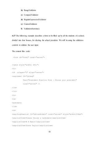 55 
b) RangeValidator 
c) CompareValidator 
d) RegularExpressionValidator 
e) CustomValidator 
f) ValidationSummary 
4.27 The following example describes a form to be filled up by all the students of a school, 
divided into four houses, for electing the school president. We will be using the validation 
controls to validate the user input. 
The content files code: 
<form id="form1" runat="server"> 
<table style="width: 66%;"> 
<tr> 
<td colspan="3" align="center"> 
<asp:Label ID="lblmsg" 
Text="President Election Form : Choose your president" 
runat="server" /> 
</td> 
</tr> 
<tr> 
<td> 
Candidate: 
</td> 
<td> 
<asp:DropDownList ID="ddlcandidate" runat="server" style="width:239px"> 
<asp:ListItem>Please Choose a Candidate</asp:ListItem> 
<asp:ListItem>M H Kabir</asp:ListItem> 
<asp:ListItem>Steve Taylor</asp:ListItem> 
 