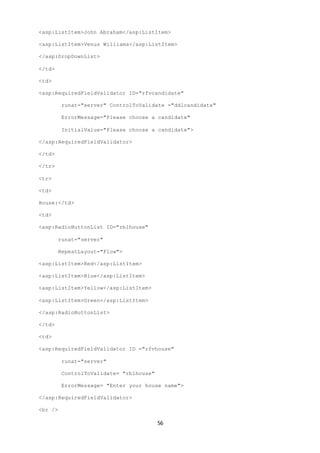 <asp:ListItem>John Abraham</asp:ListItem> 
<asp:ListItem>Venus Williams</asp:ListItem> 
56 
</asp:DropDownList> 
</td> 
<td> 
<asp:RequiredFieldValidator ID="rfvcandidate" 
runat="server" ControlToValidate ="ddlcandidate" 
ErrorMessage="Please choose a candidate" 
InitialValue="Please choose a candidate"> 
</asp:RequiredFieldValidator> 
</td> 
</tr> 
<tr> 
<td> 
House:</td> 
<td> 
<asp:RadioButtonList ID="rblhouse" 
runat="server" 
RepeatLayout="Flow"> 
<asp:ListItem>Red</asp:ListItem> 
<asp:ListItem>Blue</asp:ListItem> 
<asp:ListItem>Yellow</asp:ListItem> 
<asp:ListItem>Green</asp:ListItem> 
</asp:RadioButtonList> 
</td> 
<td> 
<asp:RequiredFieldValidator ID ="rfvhouse" 
runat="server" 
ControlToValidate= "rblhouse" 
ErrorMessage= "Enter your house name"> 
</asp:RequiredFieldValidator> 
<br /> 
 