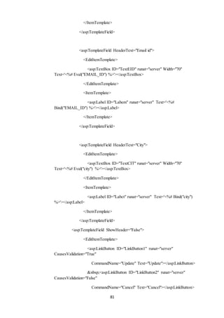 </ItemTemplate> 
</asp:TemplateField> 
<asp:TemplateField HeaderText="Email id"> 
<EditItemTemplate> 
<asp:TextBox ID="TextEID" runat="server" Width="70" 
Text='<%# Eval("EMAIL_ID") %>'></asp:TextBox> 
</EditItemTemplate> 
<ItemTemplate> 
<asp:Label ID="Labem" runat="server" Text='<%# 
Bind("EMAIL_ID") %>'></asp:Label> 
</ItemTemplate> 
</asp:TemplateField> 
<asp:TemplateField HeaderText="City"> 
<EditItemTemplate> 
<asp:TextBox ID="TextCIT" runat="server" Width="70" 
Text='<%# Eval("city") %>'></asp:TextBox> 
</EditItemTemplate> 
<ItemTemplate> 
<asp:Label ID="Labct" runat="server" Text='<%# Bind("city") 
81 
%>'></asp:Label> 
</ItemTemplate> 
</asp:TemplateField> 
<asp:TemplateField ShowHeader="False"> 
<EditItemTemplate> 
<asp:LinkButton ID="LinkButton1" runat="server" 
CausesValidation="True" 
CommandName="Update" Text="Update"></asp:LinkButton> 
&nbsp;<asp:LinkButton ID="LinkButton2" runat="server" 
CausesValidation="False" 
CommandName="Cancel" Text="Cancel"></asp:LinkButton> 
 
