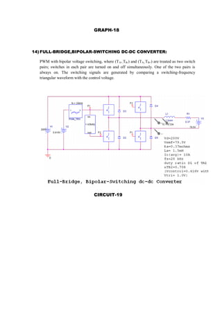 GRAPH-18
14) FULL-BRIDGE,BIPOLAR-SWITCHING DC-DC CONVERTER:
PWM with bipolar voltage switching, where (TA+,TB-) and (TA-,TB+) are treated as two switch
pairs; switches in each pair are turned on and off simultaneously. One of the two pairs is
always on. The switching signals are generated by comparing a switching-frequency
triangular waveform with the control voltage.
CIRCUIT-19
 