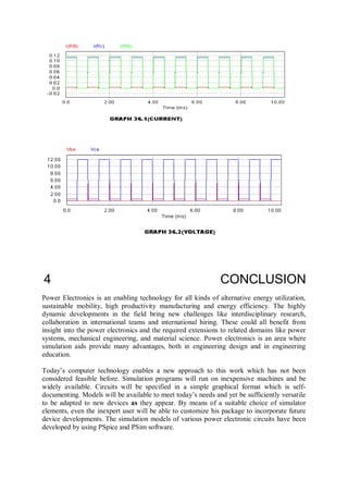 4 CONCLUSION
Power Electronics is an enabling technology for all kinds of alternative energy utilization,
sustainable mobility, high productivity manufacturing and energy efficiency. The highly
dynamic developments in the field bring new challenges like interdisciplinary research,
collaboration in international teams and international hiring. These could all benefit from
insight into the power electronics and the required extensions to related domains like power
systems, mechanical engineering, and material science. Power electronics is an area where
simulation aids provide many advantages, both in engineering design and in engineering
education.
Today’s computer technology enables a new approach to this work which has not been
considered feasible before. Simulation programs will run on inexpensive machines and be
widely available. Circuits will be specified in a simple graphical format which is self-
documenting. Models will be available to meet today’s needs and yet be sufficiently versatile
to be adapted to new devices as they appear. By means of a suitable choice of simulator
elements, even the inexpert user will be able to customize his package to incorporate future
device developments. The simulation models of various power electronic circuits have been
developed by using PSpice and PSim software.
 
