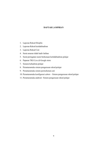 x
DAFTAR LAMPIRAN
1. Laporan Rekod Disiplin
2. Laporan Rekod ketidakhadiran
3. Laporan Rekod Cuti
4. Surat amaran tidak hadir latihan
5. Surat peringatan rasmi berkenaan ketidakhadiran pelajar
6. Paparan TKS Live di Google store
7. Senarai kehadiran pelajar
8. Perantaramuka sistem pengurusan rekod pelajar
9. Perantaramuka sistem permohonan cuti
10. Perantaramuka konfigurasi admin – Sistem pengurusan rekod pelajar
11. Perantaramuka android –Sistem pengurusan rekod pelajar
 