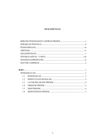 v
ISI KANDUNGAN
BORANG PENGESAHAN LAPORAN PROJEK................................................... i
PERAKUAN PENYELIA........................................................................................ii
PENGHARGAAN...................................................................................................iii
ABSTRAK .............................................................................................................. iv
ISI KANDUNGAN .................................................................................................. v
SENARAI JADUAL / CARTA ............................................................................viii
SENARAI GAMBARAJAH................................................................................... ix
DAFTAR LAMPIRAN............................................................................................ x
BAB 1 .......................................................................................................................... 1
PENDAHULUAN.................................................................................................... 1
1.1 PENGENALAN ........................................................................................ 1
1.2 PERNYATAAN MASALAH ................................................................... 5
1.3 LATAR BELAKANG PROJEK ............................................................... 4
1.4 OBJEKTIF PROJEK ................................................................................. 5
1.5 SKOP PROJEK ......................................................................................... 6
1.4 KEPENTINGAN PROJEK ....................................................................... 7
 
