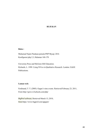 46
RUJUKAN
Buku :
Muhamad Najmi Panduan pemula PHP Mysql, 2016
Konfigurasi php 2.3, Halaman 168-170
University Press and McGraw-Hill Education.
Richards, L. 1999. Using NVivo in Qualitative Research. London: SAGE
Publications.
Laman web:
Ferdinand, T. T. (2005). Gagne’s nine events. Retrieved February 23, 2011,
From http://www.w3schools.com/php/
BigProf software. Retrieved March 13, 2010,
from https://www.bigprof.com/appgini/
 