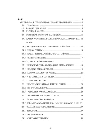 vi
BAB 2 .......................................................................................................................... 8
METODOLOGI & PERANCANGAN PERLAKSANAAN PROJEK................... 8
2.1 PENGENALAN ........................................................................................ 8
2.2 REKABENTUK KAJIAN . ....................................................................... 9
2.3 PROSEDUR KAJIAN .............................................................................10
2.4 PERINGKAT CADANGAN DAN KAJIAN...........................................11
2.4.1 KAJIAN PROSES PENGURUSAN REKOD KEHADIRAN DI ILP.... 11
PERAI
2.4.2 KELEMAHAN SISTEM PENGURUSAN SEDIA ADA.......................13
2.4.3 KAJIAN PERISIAN...............................................................................14
2.4.4 KAJIAN TERHADAP PEMBANGUNAN ANDROID........................16
2.4.5 PEMILIHAN SERVER..........................................................................17
2.4.6 KUMPULAN SASARAN PROJEK......................................................17
2.5 PERINGKAT PERLAKSANAAN DAN PEMBANGUNAN...............18
2.5.1 SENIBINA APLIKASI PROJEK...........................................................19
2.5.2 FAKTOR REKABENTUK PROJEK.....................................................20
2.5.3 CIRI-CIRI TAMBAHAN PROJEK.......................................................21
2.6 PENGUJIAN SISTEM..........................................................................22
2.6.1 PENGUJIAN SPESIFIKASI TELEFON PINTAR................................23
2.6.2 PENGUJIAN ATURCATA....................................................................22
2.6.3 PENGUJIAN PANGKALAN DATA....................................................24
2.7 OPERASI DAN PENYELENGGARAAN .............................................25
2.7.1 CARTA ALIR OPERASI PROJEK........................................................26
2.7.2 PELAN RENCANA PEMULIHAN (DISASTER RECOVERY PLAN).. 27
2.8 KAEDAH PENGUMPULAN DATA ....................................................29
2.8.1 TEMUBUAL...........................................................................................29
2.8.2 DATA DOKUMEN. ..............................................................................30
2.9 CARTA GANTT PROJEK.....................................................................31
 