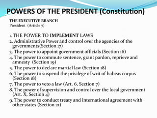 POWERS OF THE PRESIDENT (Constitution)
THE EXECUTIVE BRANCH
President (Article 7)

1. THE POWER TO IMPLEMENT LAWS
2. Administrative Power and control over the agencies of the
governments(Section 17)
3. The power to appoint government officials (Section 16)
4. The power to commute sentence, grant pardon, reprieve and
amnesty (Section 19)
5. The power to declare martial law (Section 18)
6. The power to suspend the privilege of writ of habeas corpus
(Section 18)
7. The power to veto a law (Art. 6, Section 7)
8. The power of supervision and control over the local government
(Art. X, Section 4)
9. The power to conduct treaty and international agreement with
other states (Section 21)

 